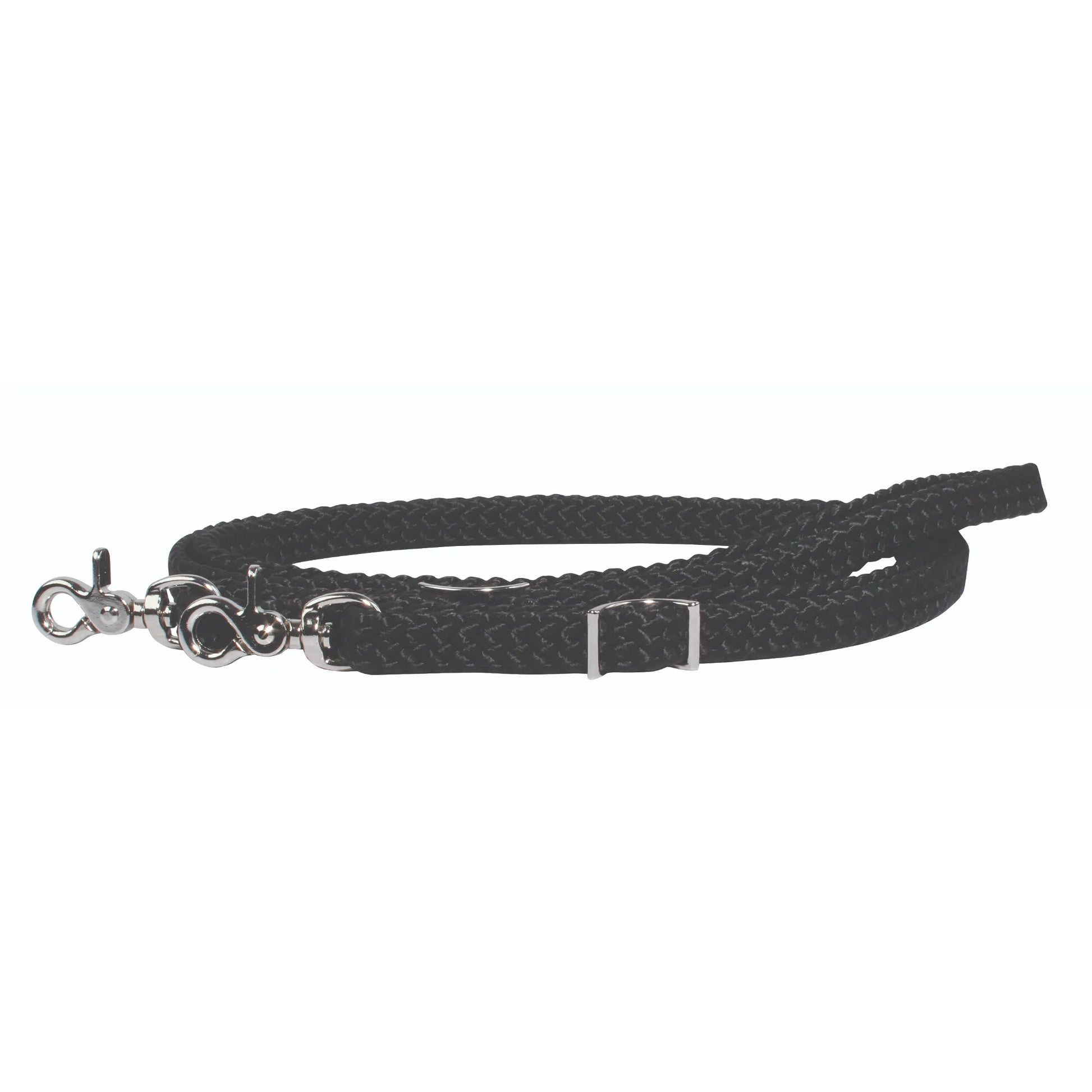 Professional's Choice Braided Roping Reins in sleek black. These high-performance horse training reins feature a durable braided design, chrome swivel snaps for quick attachment, and a metal slider for easy adjustment. Perfect for Western riding, roping, and barrel racing, these professional-grade rope reins provide an exceptional grip and precise control for every equestrian.