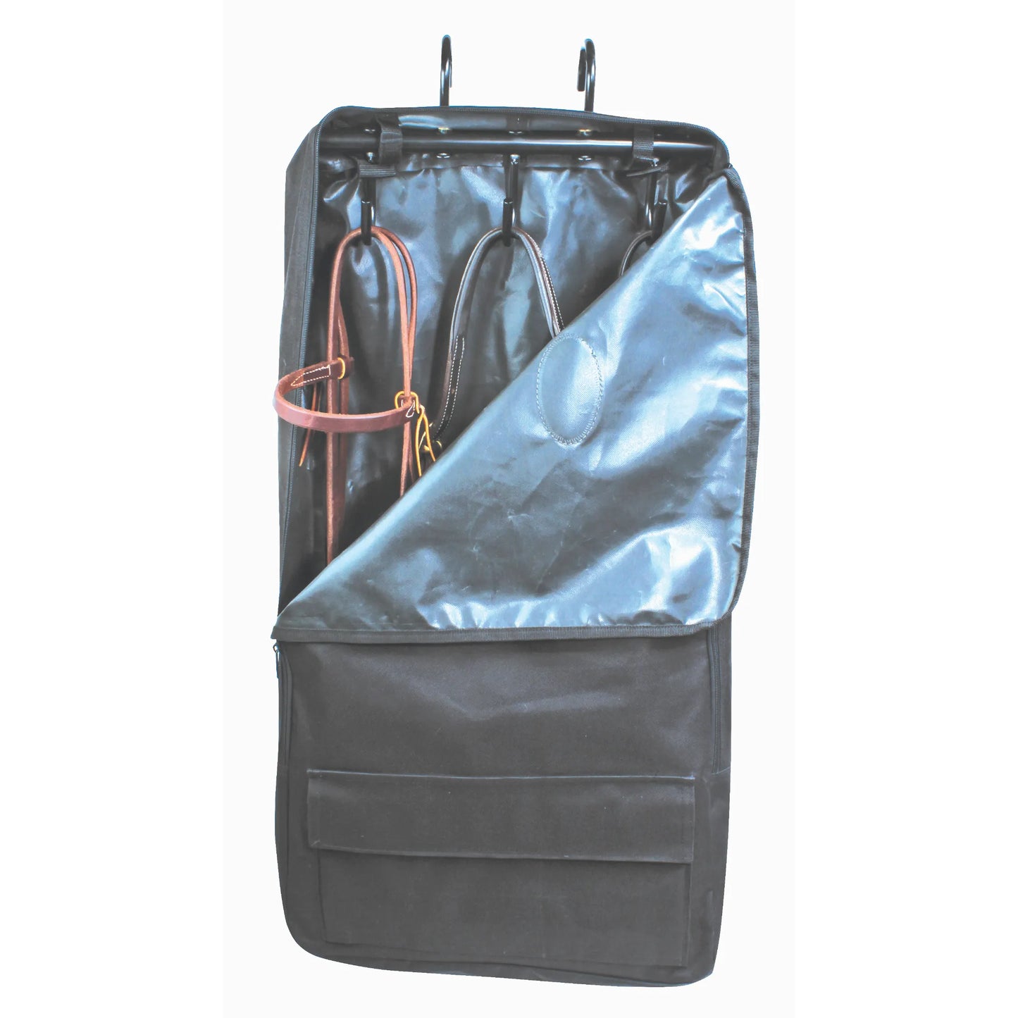 Professional's Choice Bridle Bag in black, featuring a built-in metal rack with hooks for organized equestrian tack storage. This durable horse gear bag includes two top hanging hooks for easy mounting, a large front pocket for extra accessories, and a protective padded interior. Shown partially open with leather bridles inside, highlighting its functionality for horse shows and stable organization.