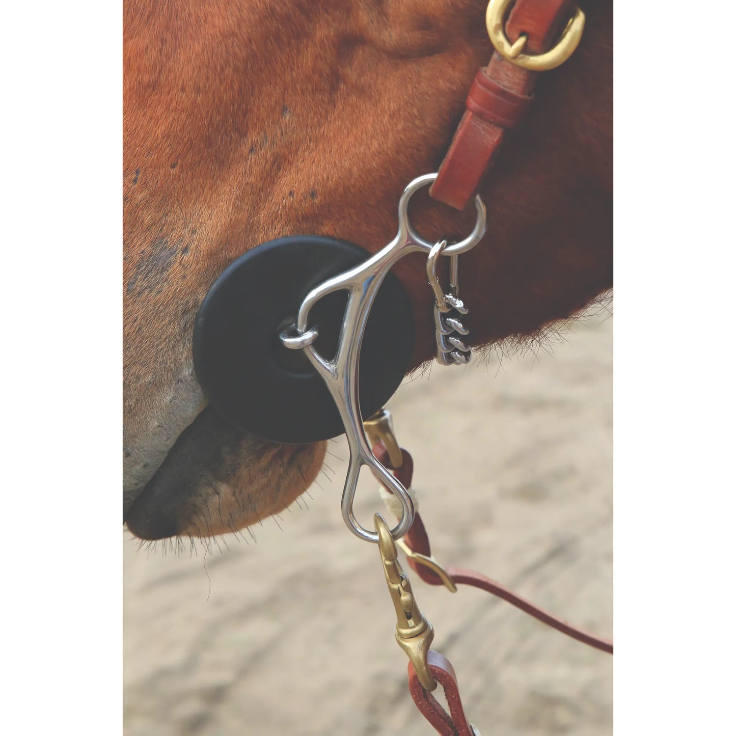 Professional's Choice Brittany Pozzi 5" Gag Bit with a 3-piece smooth dogbone snaffle mouthpiece shown on a chestnut horse. This silver gag bit features a unique shank design, a large black rubber bit guard, and a silver curb chain. Paired with a brown leather headstall and reins with brass clips, this high-performance barrel racing bit offers refined control and responsiveness for competitive equestrian sports.