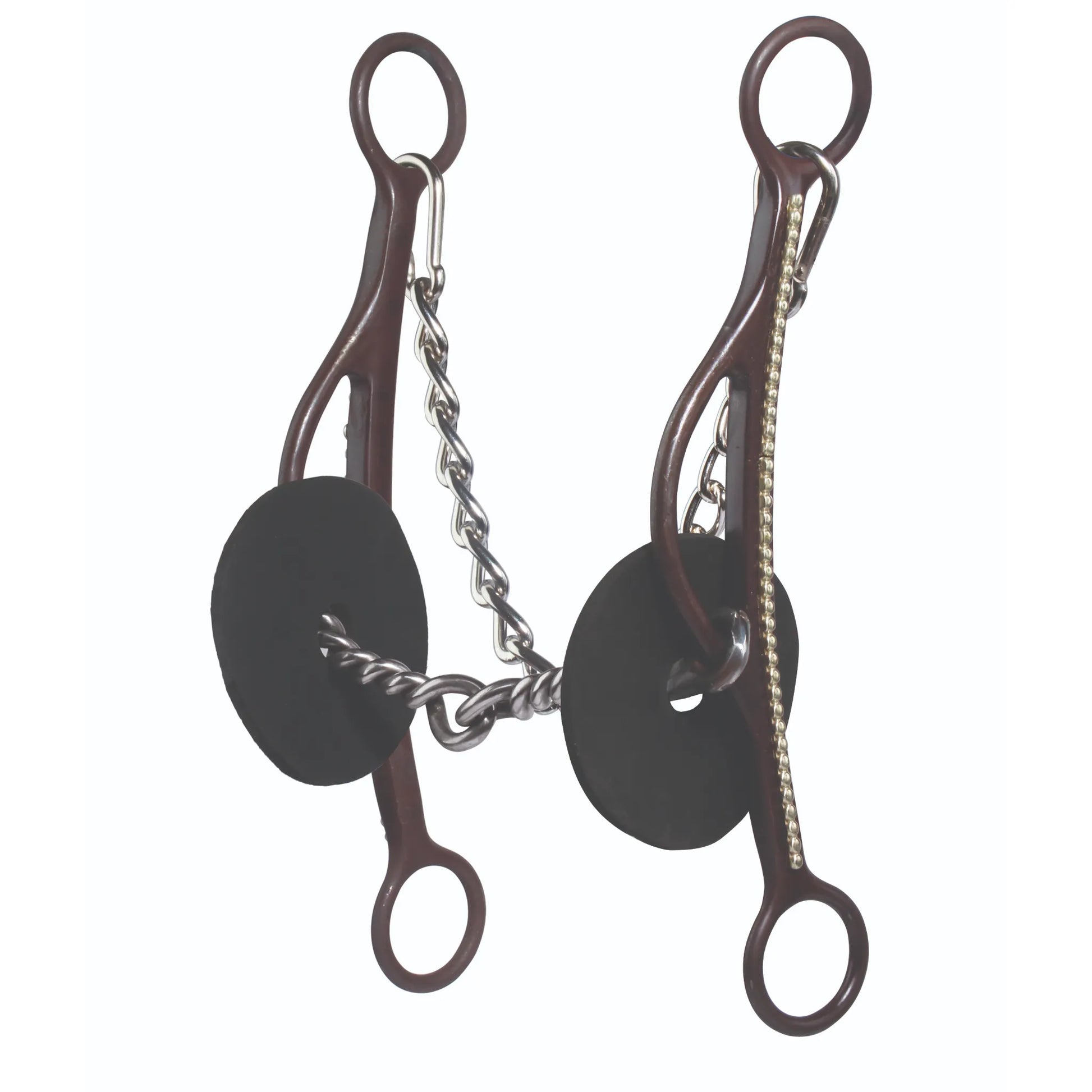 Professional's Choice Brittany Pozzi Long Gag Twisted Lifesaver Bit, 5.5 inch. Features dark brown antique-finish long gag shanks with a silver twisted wire mouthpiece and a central lifesaver ring. Includes black rubber bit guards and a silver curb chain. High-performance western horse bit designed for barrel racing and superior leverage.