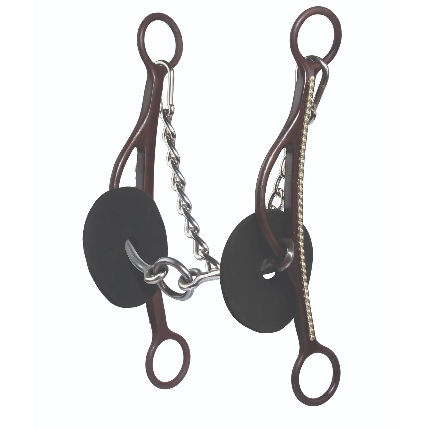 Professional's Choice Brittany Pozzi Long Gag Twisted Lifesaver Bit featuring a 5.5" twisted wire mouthpiece with a center ring. Dark brown long shanks are detailed with silver dots and include black rubber bit guards and a silver curb chain. A high-performance western bit designed for lift and control, perfect for barrel racing and equestrian competitions.