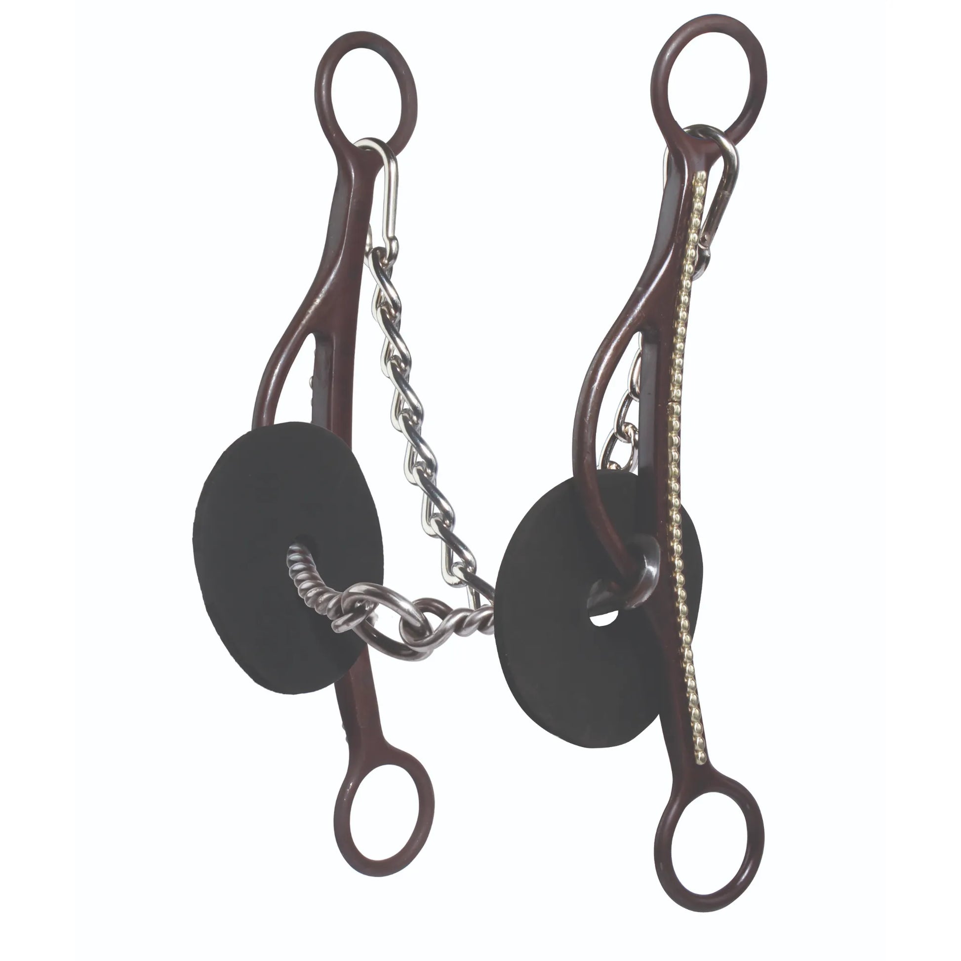 Professional's Choice Brittany Pozzi Long Gag Twisted Lifesaver Bit featuring a 5.5-inch three-piece twisted wire mouthpiece with a center ring. The long antique brown gag shanks are accented with decorative silver dots. Complete with black rubber bit guards and a stainless steel curb chain, this western horse bit is designed for precise control and lift, making it a popular choice for barrel racing and performance equestrian tack.