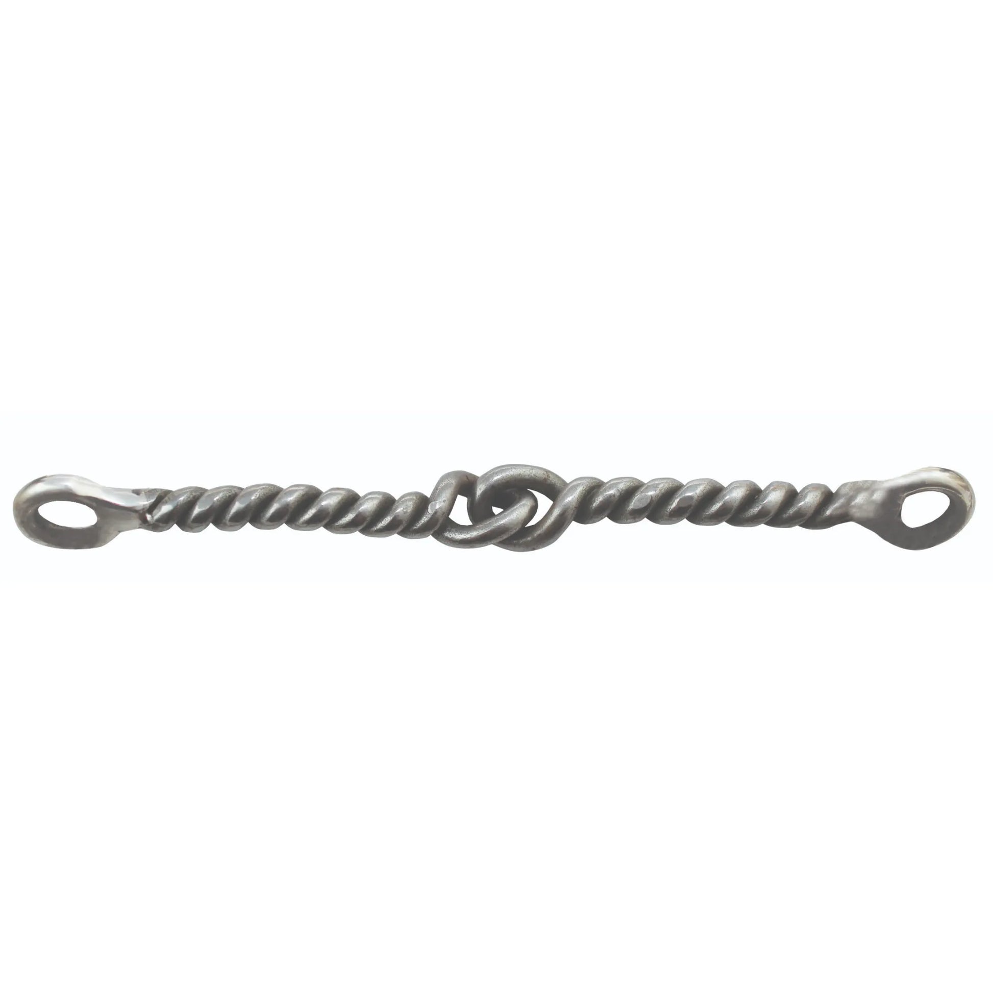 Professional's Choice Brittany Pozzi Twisted Snaffle O-Ring Bit mouthpiece, featuring a double-jointed, twisted wire design in durable silver-toned metal. This equestrian training bit includes a central interlocking loop for clear communication and eyelet ends for O-ring attachment. A high-performance horse bit designed for barrel racing precision and control.