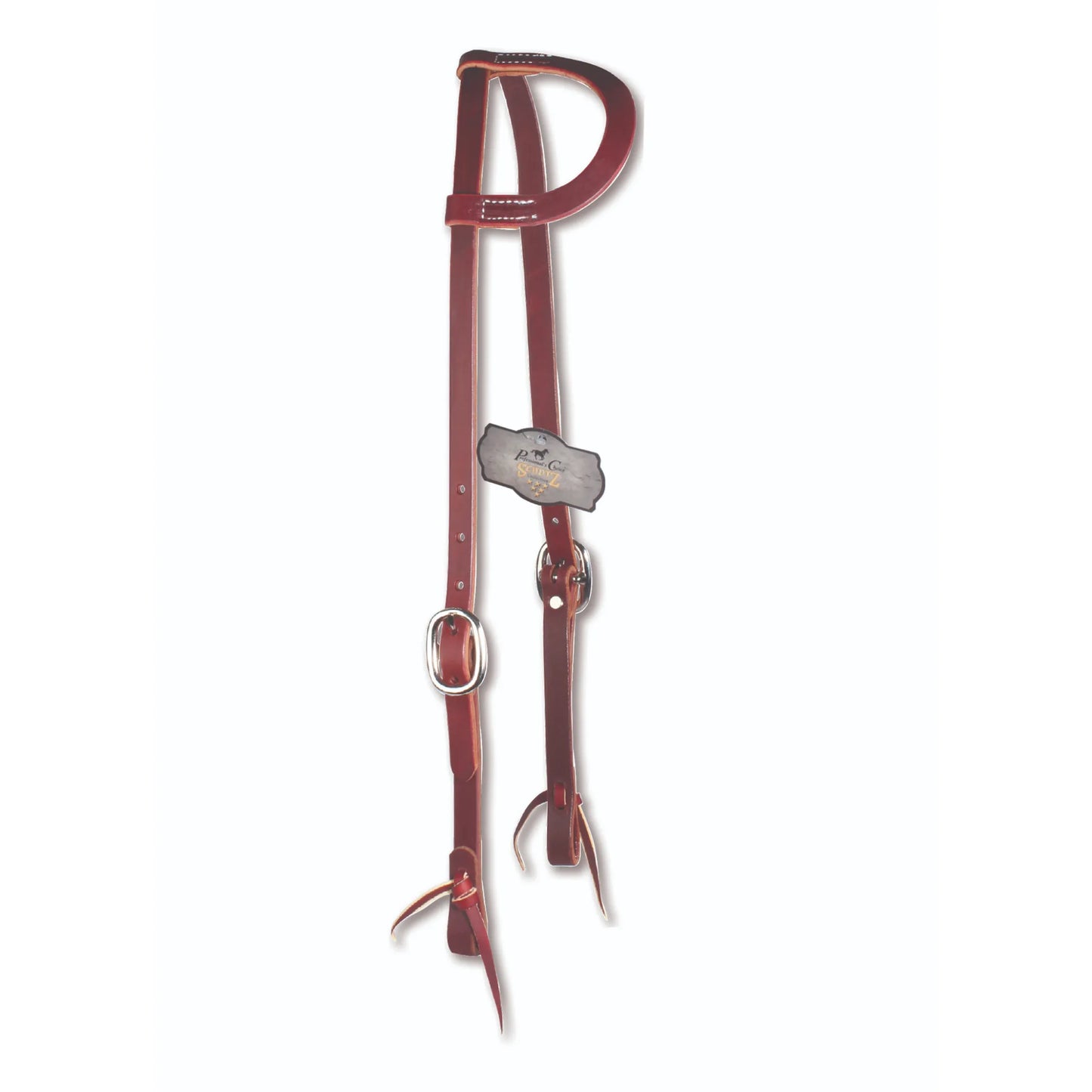 Professional's Choice Burgundy Latigo Turned Ear Headstall featuring rich, deep reddish-brown leather. This western one-ear headstall includes stainless steel adjustment buckles and traditional tie-bit ends with leather strings. High-quality equestrian tack designed for durability and a classic look in the show ring or on the trail.