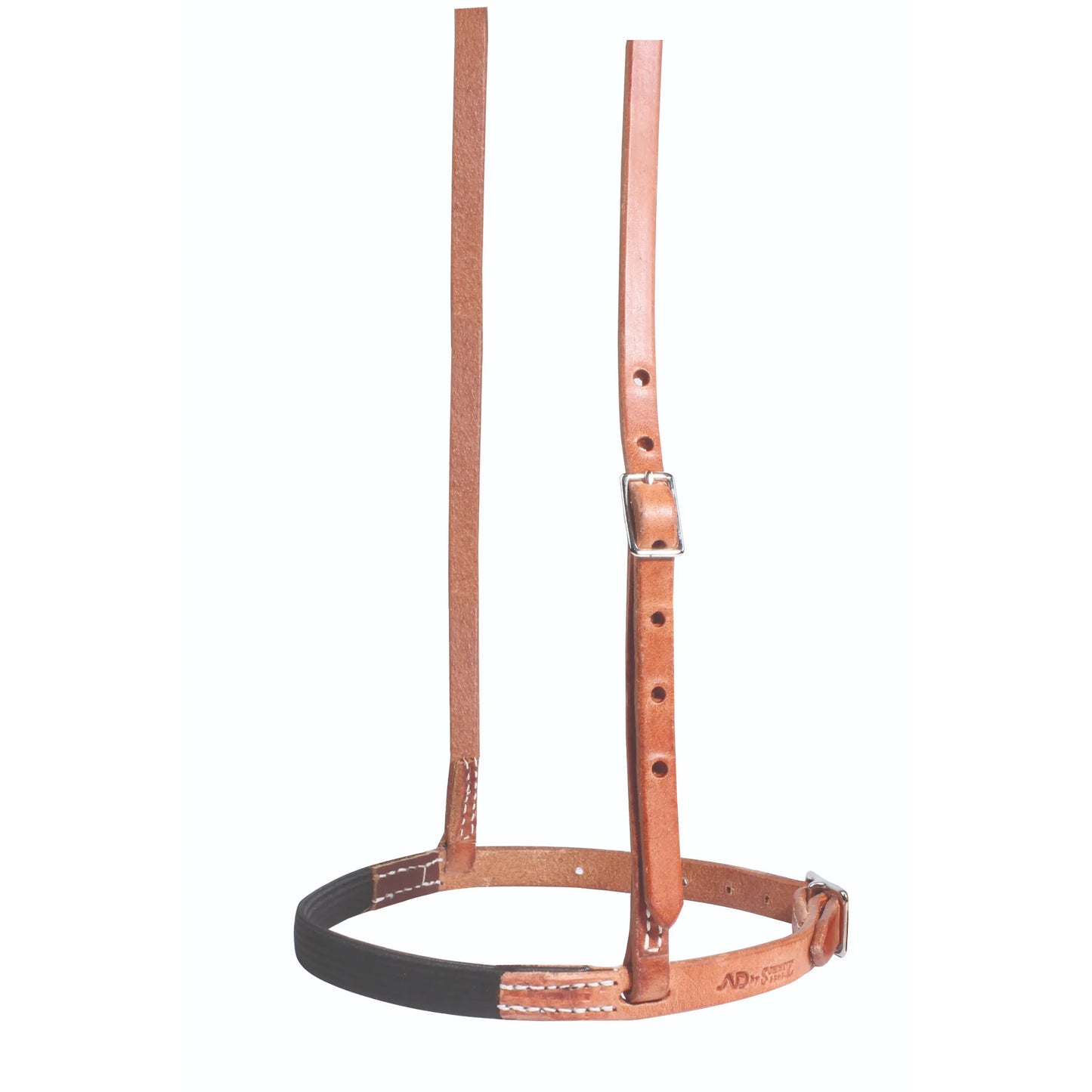 Professional's Choice Caveson crafted from premium chestnut leather with a durable black polyester-coated rubber noseband. This adjustable horse noseband features white reinforced stitching and a silver-tone buckle for a custom fit. A high-quality equestrian accessory designed for training and control, blending durability with professional style for riders of all disciplines.