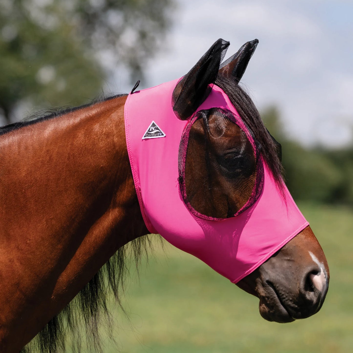 Professional's Choice Comfort-Fit Fly Mask in bright pink, designed for ultimate horse protection. This lightweight, stretchable horse fly mask features breathable black mesh ears and raised mesh eye covers to prevent insect irritation while maintaining clear vision. The smooth, spandex-like material ensures a secure, comfortable fit for horses outdoors. Perfect for fly season, this stylish equine gear offers both comfort and durability in the pasture.