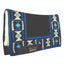 Professional's Choice Comfort-Fit SMX Air Ride Western Saddle Pad featuring a stylish black wool top with a blue, turquoise, and cream Southwestern geometric diamond border. This shock-absorbing pad is designed with an hourglass shape, a plush cream fleece underside for comfort, and a black leather wear leather with the brand logo. Perfect horse tack for improving saddle fit and providing maximum protection during performance or trail riding.