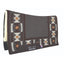 Professional's Choice Comfort-Fit SMx Air Ride Western saddle pad featuring a charcoal gray body with a traditional Southwestern geometric border in brown, white, and tan. This contoured horse pad includes dark brown leather wear leathers, a plush cream fleece lining, and an hourglass shape designed to absorb shock and improve saddle fit. A stylish and functional choice for equestrian performance, complete with a small American flag tag for quality assurance.