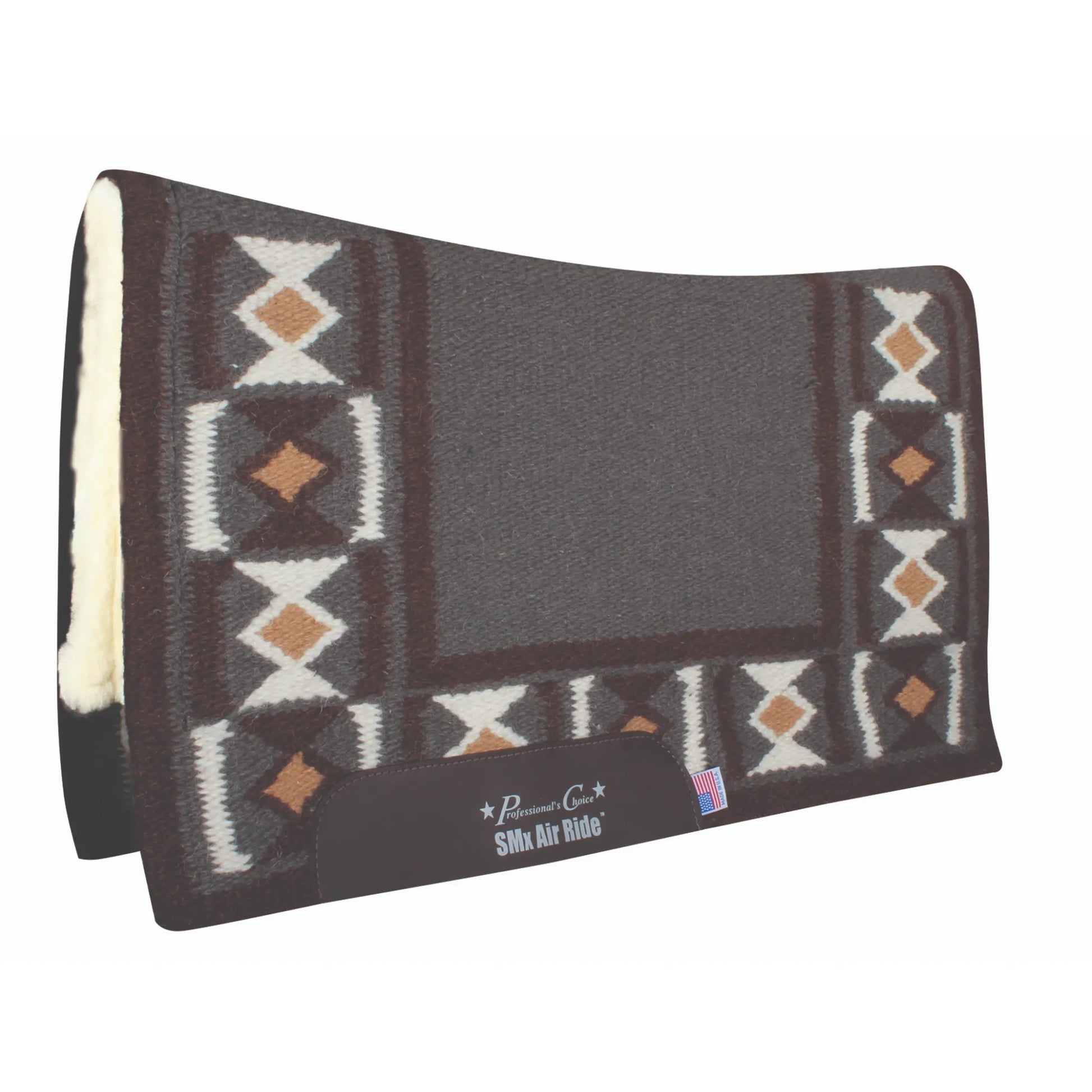 Professional's Choice Comfort-Fit SMx Air Ride Western saddle pad featuring a charcoal gray body with a traditional Southwestern geometric border in brown, white, and tan. This contoured horse pad includes dark brown leather wear leathers, a plush cream fleece lining, and an hourglass shape designed to absorb shock and improve saddle fit. A stylish and functional choice for equestrian performance, complete with a small American flag tag for quality assurance.