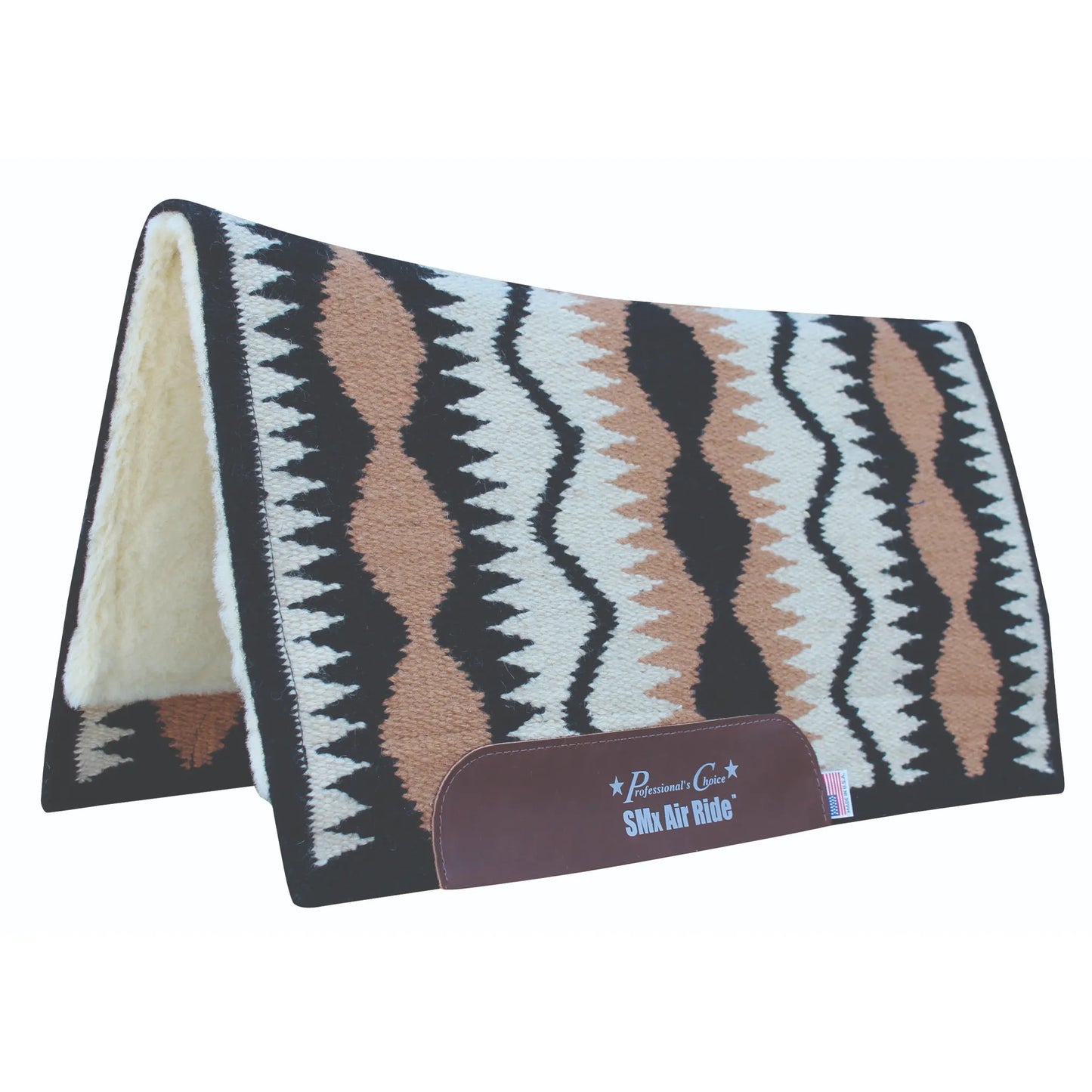 Professional's Choice Comfort-Fit SMX Air Ride Western saddle pad featuring a striking Serpentine pattern in tan, black, and cream. This equestrian pad offers advanced shock absorption and cooling with a soft fleece lining for maximum horse comfort. Includes durable brown leather wear leathers with the brand logo and a USA flag tag. Ideal for Western riding, training, and competition, combining high-tech performance with a classic southwestern aesthetic.