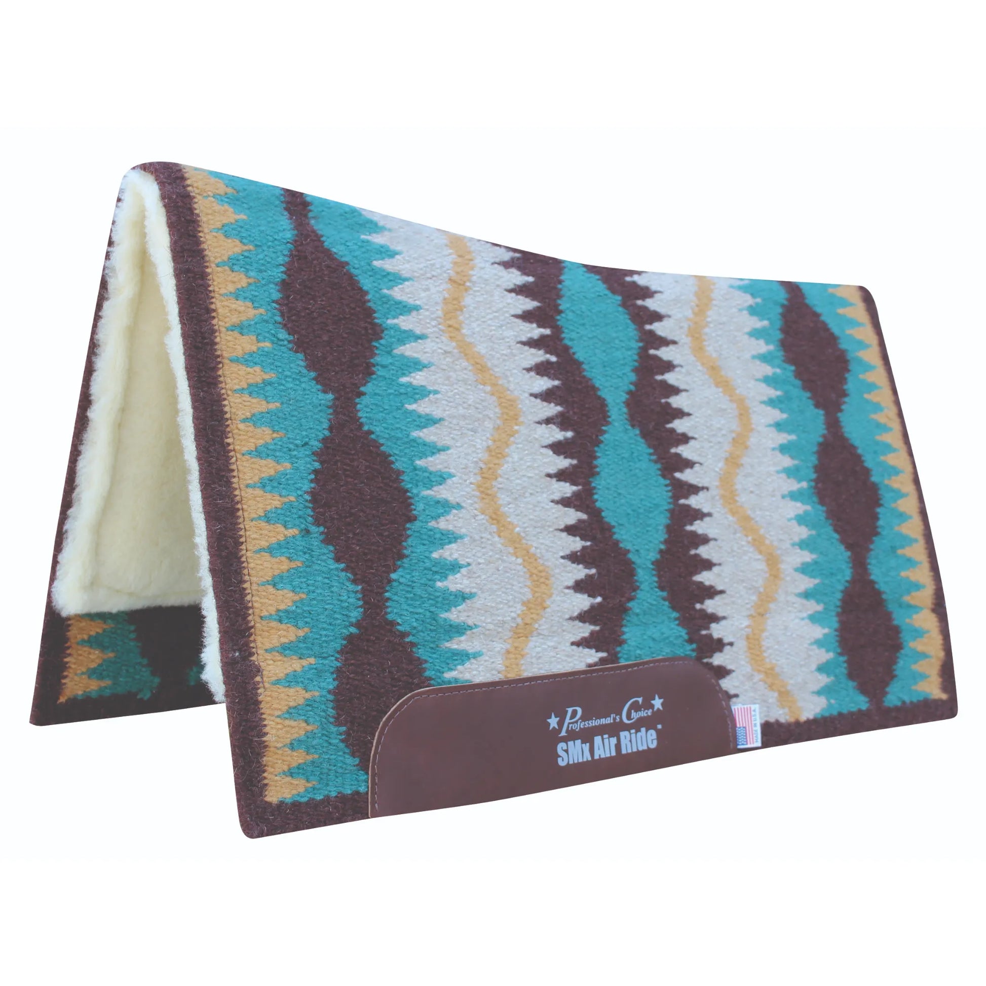 Professional's Choice Comfort-Fit SMX Air Ride Western Saddle Pad with a vibrant Serpentine pattern in turquoise, chocolate brown, and tan. Features a shock-absorbing core, breathable cooling system, and plush cream fleece lining for horse comfort. This high-performance pad includes durable leather wear leathers and an American flag tag. Ideal for western riders looking for professional-grade equestrian gear that combines style and protection.
