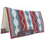 Professional's Choice Comfort-Fit SMx Air Ride Western Saddle Pad in a Serpentine pattern. Features a vibrant woven wool top with red, cream, blue-gray, and tan jagged stripes. The pad includes a thick cream fleece lining for shock absorption and cooling, finished with dark brown leather wear leathers displaying the brand logo. High-performance horse tack ideal for western riding comfort and style.