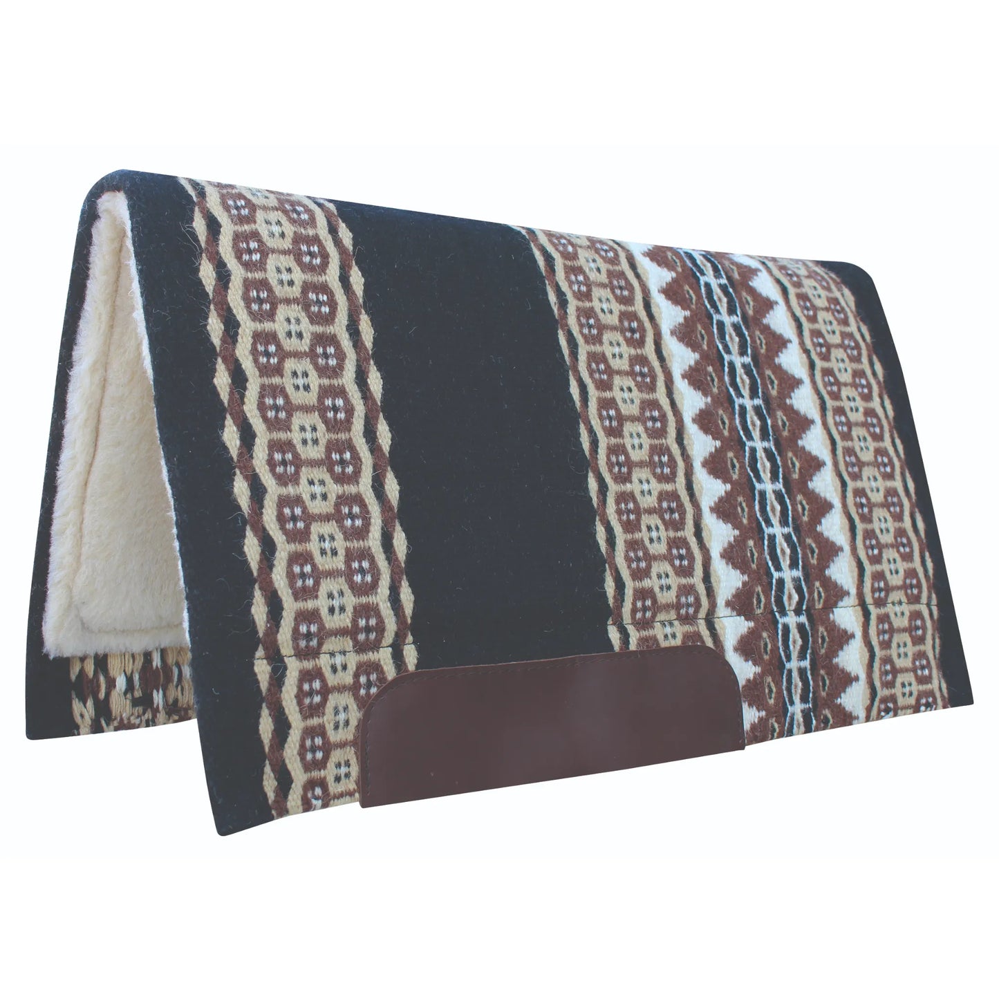 Professional's Choice Comfort-Fit SMX Air Ride Western Saddle Pad featuring a decorative Serpentine geometric pattern in brown, tan, and white on a black base. Designed for shock absorption and cooling, this high-quality horse pad includes a soft white fleece lining and durable leather wear leathers. A perfect blend of style and anatomical comfort for Western riding and performance horse tack enthusiasts.