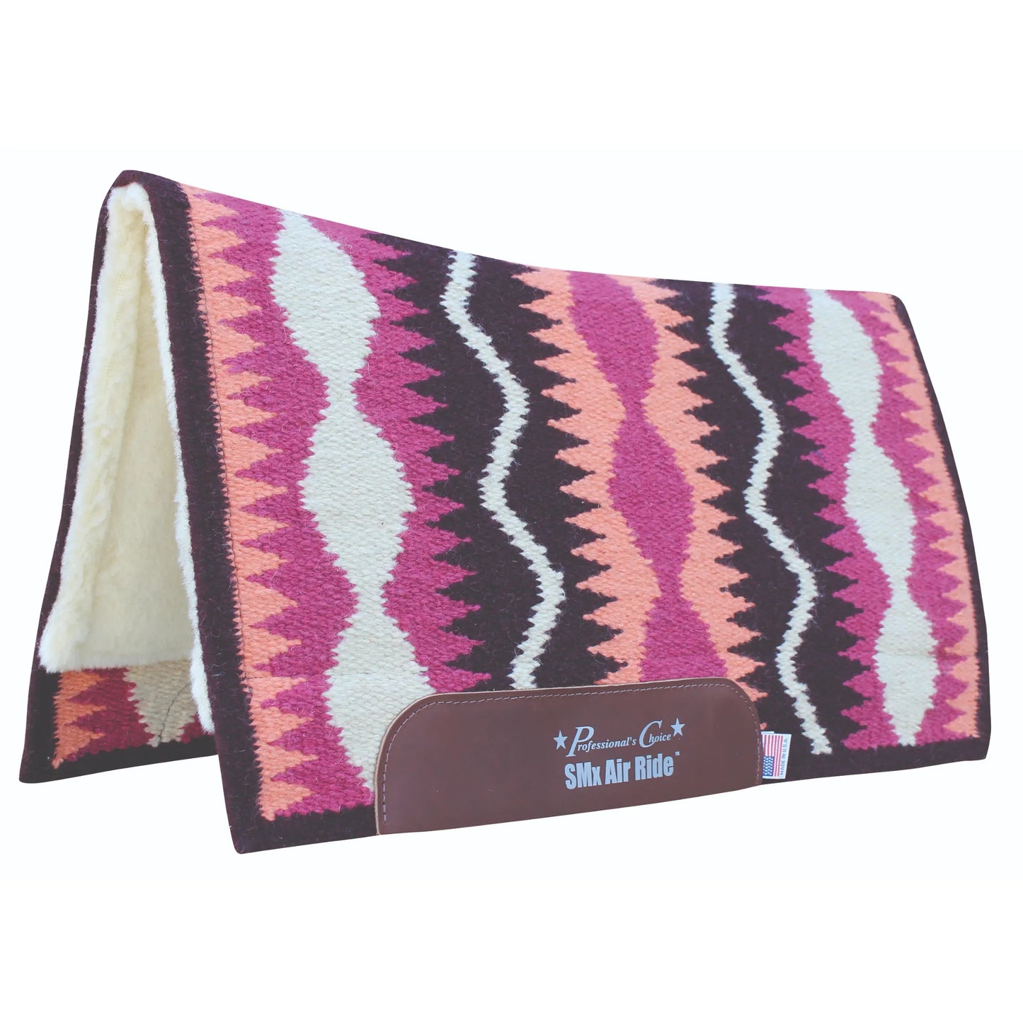 Professional's Choice Comfort-Fit SMX Air Ride Western Saddle Pad in the Serpentine pattern. This high-performance horse pad features vibrant magenta pink, peach, cream, and dark brown zigzag stripes on a woven wool top. Designed for shock absorption and cooling, it includes a plush white fleece lining and durable brown leather wear leathers with the brand logo. An eye-catching, professional-grade choice for barrel racing, performance horses, and western trail riding.