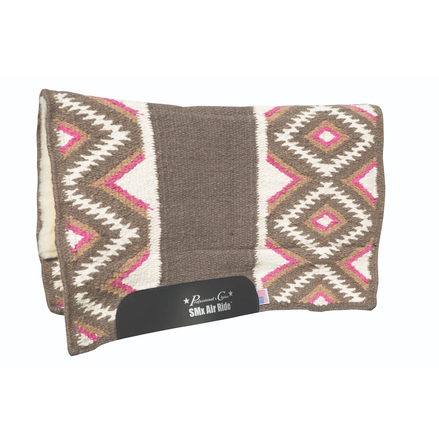 Professional's Choice Comfort-Fit SMx Air Ride Western saddle pad in the El Dorado pattern, featuring a chocolate brown base with vibrant cream and pink southwestern diamond designs. This shock-absorbing horse pad includes durable black leather wear leathers with branding and a plush white fleece lining for maximum comfort and breathability. Ideal for Western riders seeking superior cooling and impact protection in a stylish, high-performance saddle pad.