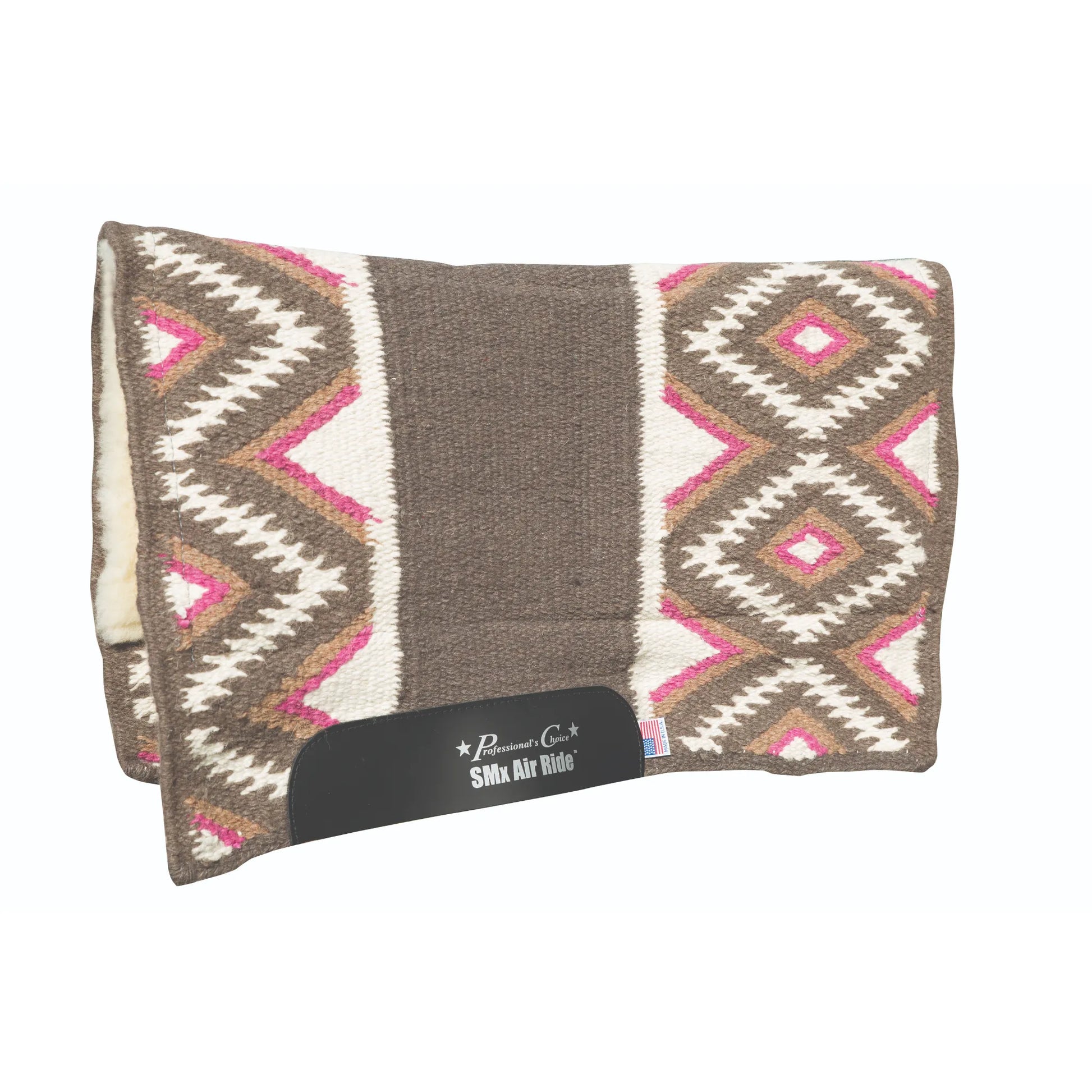 Professional's Choice Comfort-Fit SMx Air Ride Western saddle pad in the El Dorado pattern, featuring a chocolate brown base with vibrant cream and pink southwestern diamond designs. This shock-absorbing horse pad includes durable black leather wear leathers with branding and a plush white fleece lining for maximum comfort and breathability. Ideal for Western riders seeking superior cooling and impact protection in a stylish, high-performance saddle pad.