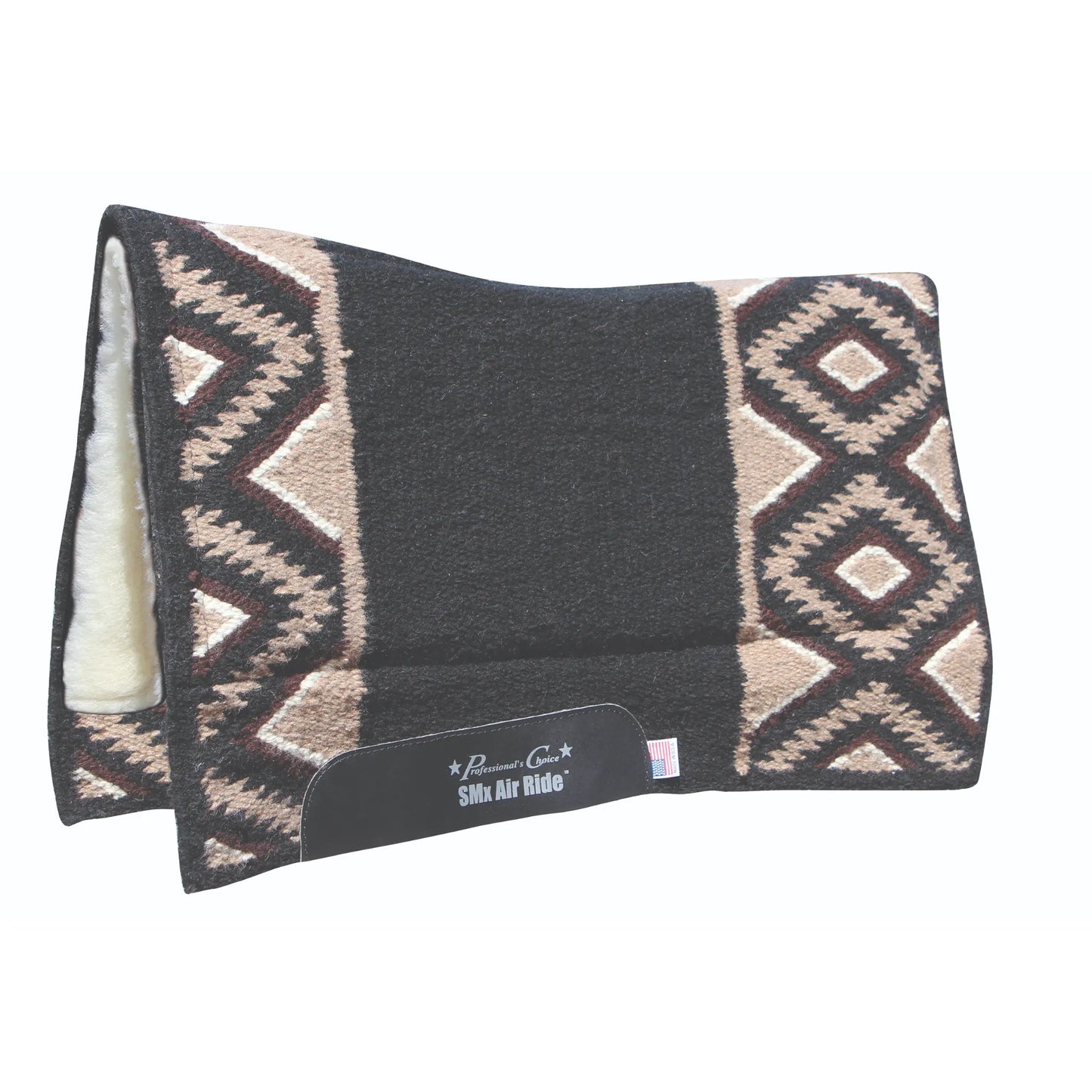 Professional's Choice Comfort-Fit SMX Air Ride Western saddle pad in the El Dorado pattern. Features a black felt exterior with tan and white geometric diamond borders, a shock-absorbing core, and a plush cream fleece lining. This contoured horse pad provides superior cooling and comfort, finished with a black branded wear leather. Ideal equestrian gear for performance or trail riding.