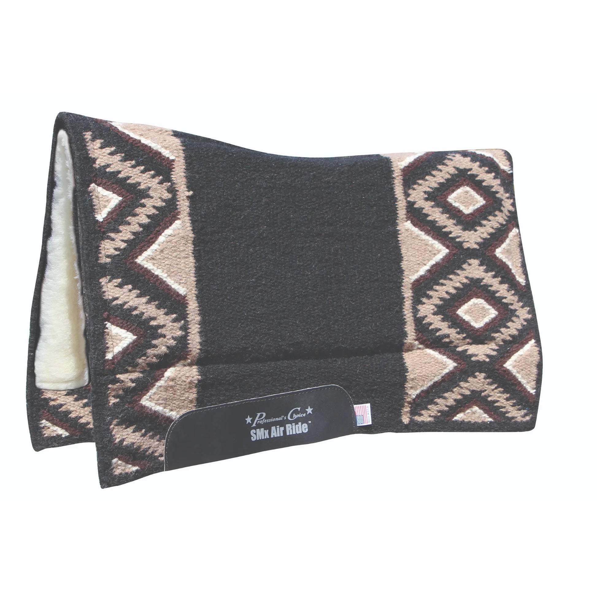 Professional's Choice Comfort-Fit SMX Air Ride Western saddle pad in the El Dorado pattern. Features a black felt exterior with tan and white geometric diamond borders, a shock-absorbing core, and a plush cream fleece lining. This contoured horse pad provides superior cooling and comfort, finished with a black branded wear leather. Ideal equestrian gear for performance or trail riding.