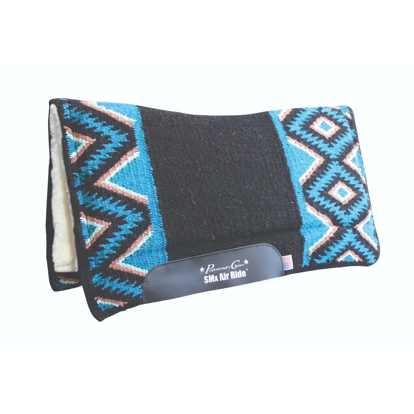 Professional's Choice Comfort-Fit SMX Air Ride Pad in El Dorado. This Western saddle pad features a bold turquoise, black, and tan Southwestern design. Engineered for shock absorption and cooling, it includes a plush fleece lining and black leather wear leathers. Perfect for equestrian riders seeking pressure relief and performance, this contoured pad combines style with advanced horse protection for trail riding or competition.