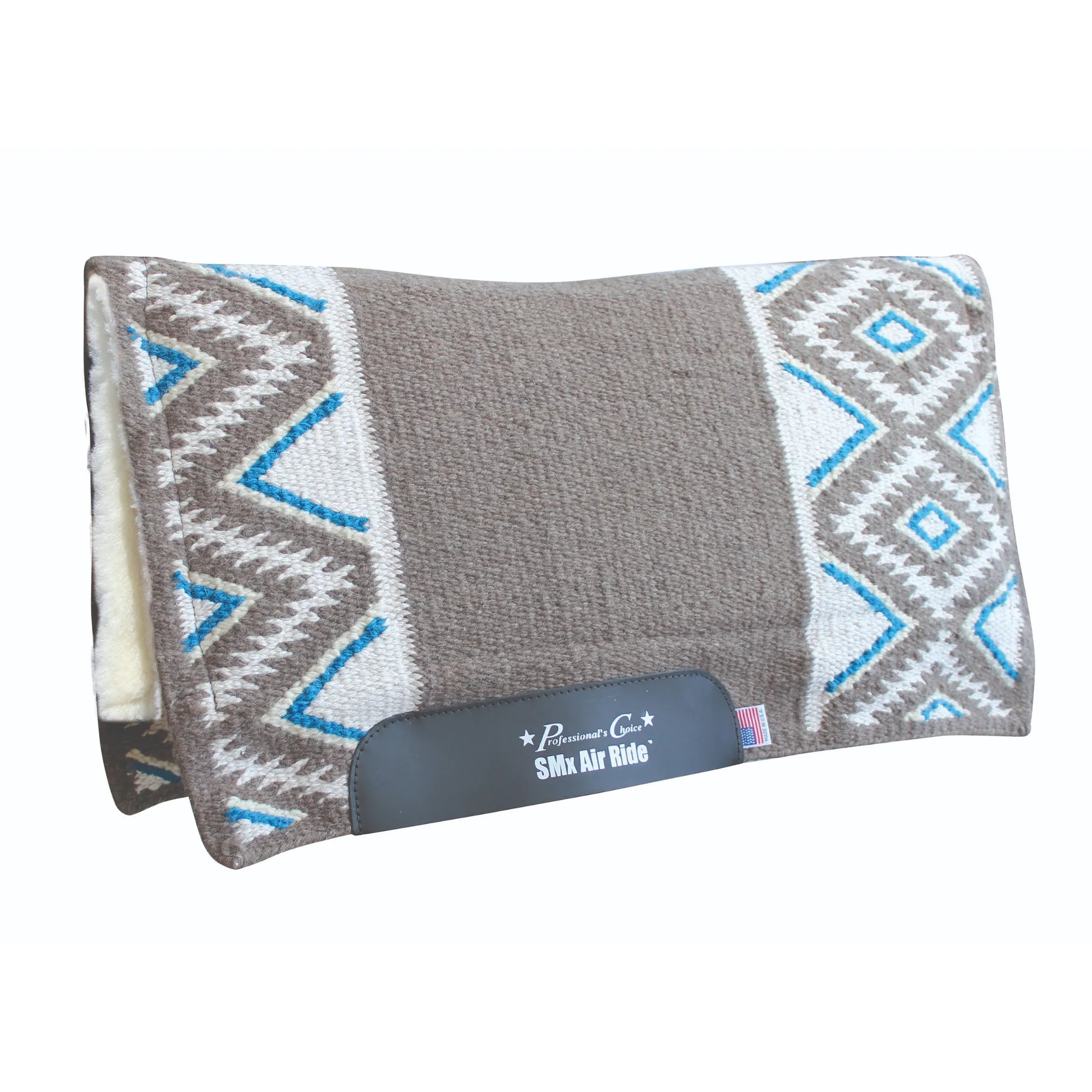 Professional's Choice Comfort-Fit SMX Air Ride Pad in the El Dorado design, featuring a taupe body with vibrant turquoise and white geometric patterns. This high-performance western saddle pad is engineered with a shock-absorbing core and breathable cooling system. The contoured shape and thick fleece lining ensure a comfortable fit for horse and rider. Ideal for western pleasure, ranch work, or competition, this stylish pad combines durability with professional-grade protection.