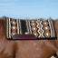 Professional's Choice Comfort-Fit SMx Air Ride Saddle Pad featuring a bold Southwestern geometric pattern in black, chocolate brown, and tan. This premium western saddle pad features durable leather wear leathers and a contoured spine for an anatomical fit and superior shock absorption. Perfect for horse lovers looking for stylish, high-performance western tack, shown on a horse against a clear blue sky. Ideal for performance, training, or trail riding.