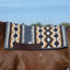 Professional's Choice Comfort-Fit SMX Air Ride Western Saddle Pad featuring a slate blue, tan, and white southwest geometric pattern on a chestnut horse. This high-performance pad includes durable leather wear leathers embossed with the SMX Air Ride logo. Ideal for Western disciplines, it offers a contoured fit and shock-absorbing technology for maximum horse comfort. Available in OrthoSport and multiple sizes for a premium fit.