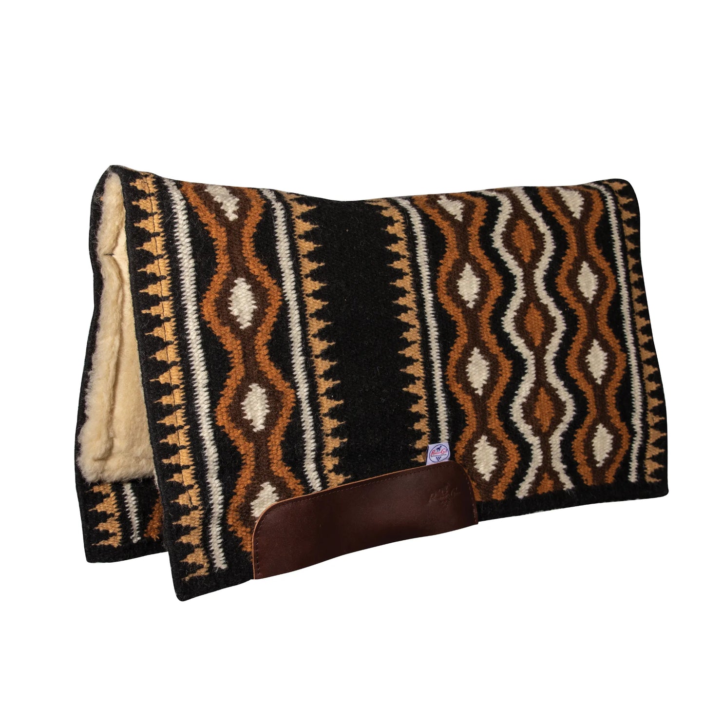 Professional's Choice Comfort-Fit SMX Air Ride Saddle Pad featuring a striking black, tan, and white Southwestern geometric diamond design. This Western saddle pad includes a plush cream fleece lining for horse comfort and durable dark brown leather wear leathers. Built with SMX Air Ride technology for superior shock absorption and breathability. Ideal horse tack for Western riding, available in OrthoSport 33" x 38" and 30" x 34" sizes.
