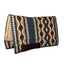 Professional's Choice Comfort-Fit SMX Air Ride Western Saddle Pad featuring a geometric Navajo-style pattern in charcoal grey, gold, and cream. This high-quality equine gear includes a soft fleece lining, durable dark brown leather wear leathers, and a contoured spine for horse comfort and shock absorption. Perfect for ranch work, trail riding, or horse shows, combining classic Western style with advanced protective technology.
