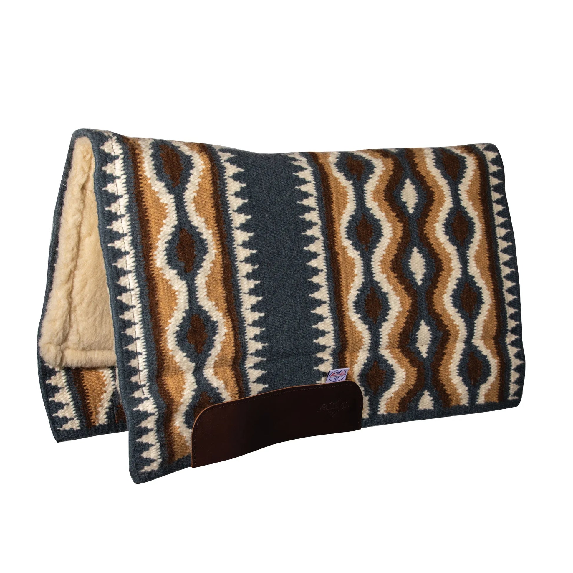 Professional's Choice Comfort-Fit SMX Air Ride Western Saddle Pad featuring a geometric Navajo-style pattern in charcoal grey, gold, and cream. This high-quality equine gear includes a soft fleece lining, durable dark brown leather wear leathers, and a contoured spine for horse comfort and shock absorption. Perfect for ranch work, trail riding, or horse shows, combining classic Western style with advanced protective technology.