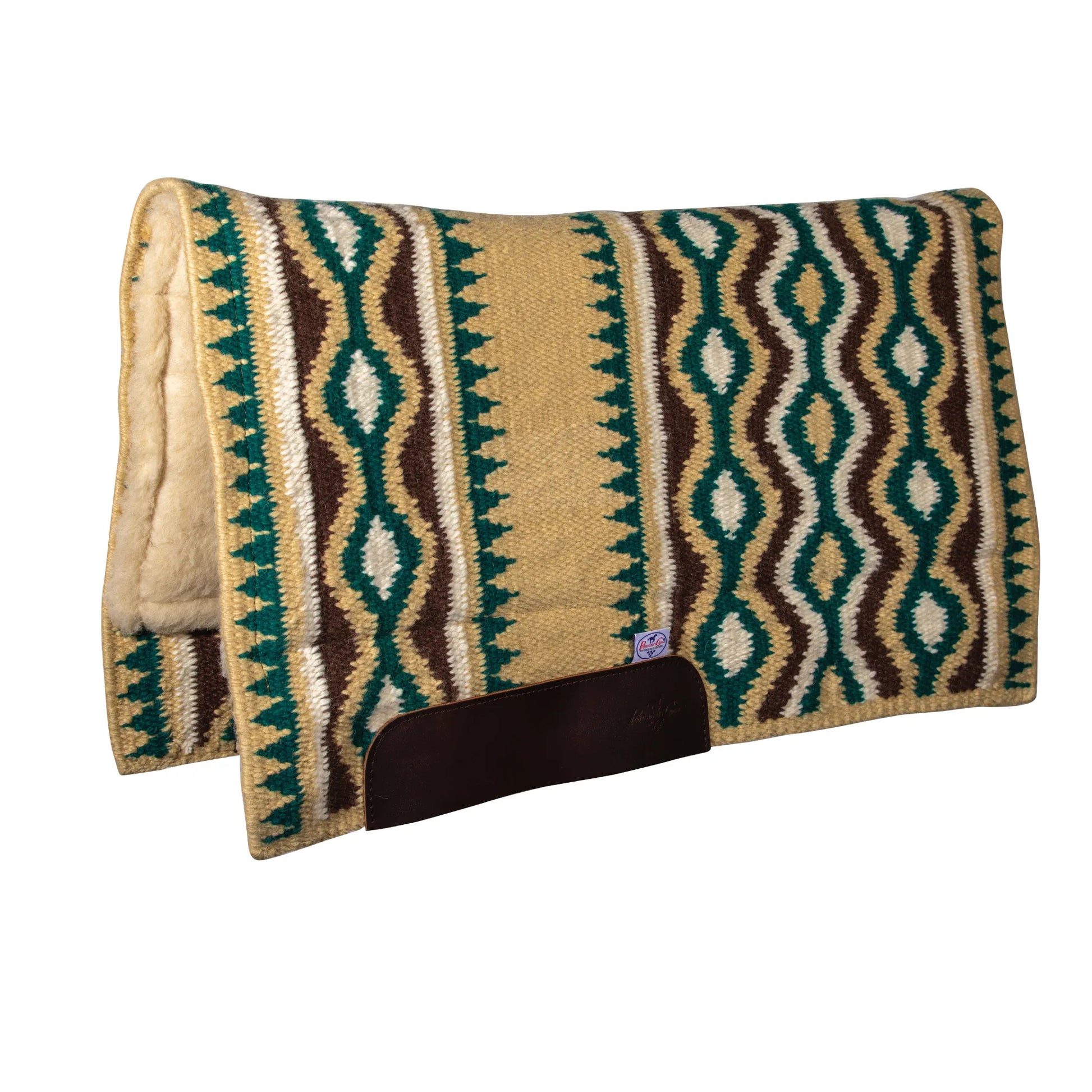 Professional's Choice Comfort-Fit SMX Air Ride Western Saddle Pad with a stylish Southwestern geometric pattern in tan, teal, and chocolate brown. Features a shock-absorbing core, a plush fleece underside for horse comfort, and reinforced leather wear leathers. This high-performance saddle pad is ideal for Western riding disciplines, providing breathability and pressure relief. Available in OrthoSport and multiple sizes for a tailored fit.