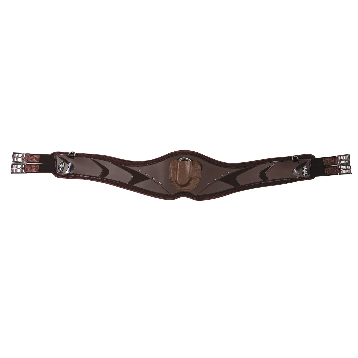 Professional's Choice Contoured VenTECH Neoprene Jump Girth in rich brown. This high-performance English girth features a breathable, non-slip VenTECH liner and an anatomical contoured shape for maximum elbow clearance and horse comfort. Includes stainless steel roller buckles, triple elastic ends, and a center D-ring with a protective leather overlay. Perfect for show jumping and hunters, providing a secure, professional fit for competitive riding.