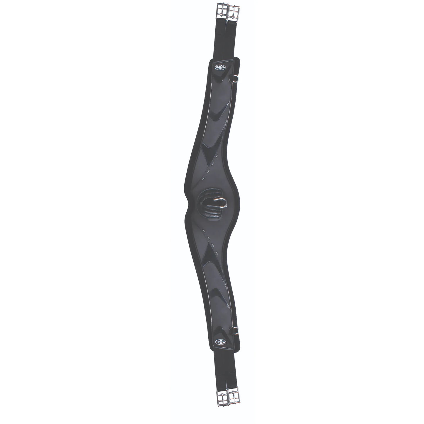 Professional's Choice Contoured VenTECH Neoprene Jump Girth in black, designed for maximum comfort and performance. This ergonomic English horse girth features breathable, non-slip neoprene, triple-fold elastic ends, and stainless steel roller buckles. The contoured shape provides superior elbow clearance, while the center D-ring allows for easy attachment of training aids. Perfect for show jumping and everyday schooling.