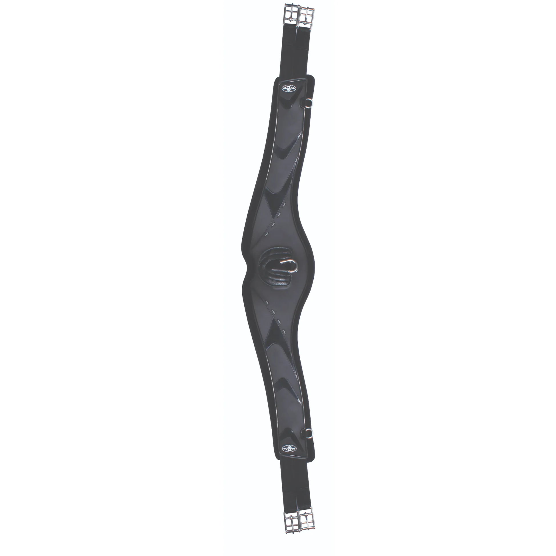 Professional's Choice Contoured VenTECH Neoprene Jump Girth in black, designed for maximum comfort and performance. This ergonomic English horse girth features breathable, non-slip neoprene, triple-fold elastic ends, and stainless steel roller buckles. The contoured shape provides superior elbow clearance, while the center D-ring allows for easy attachment of training aids. Perfect for show jumping and everyday schooling.