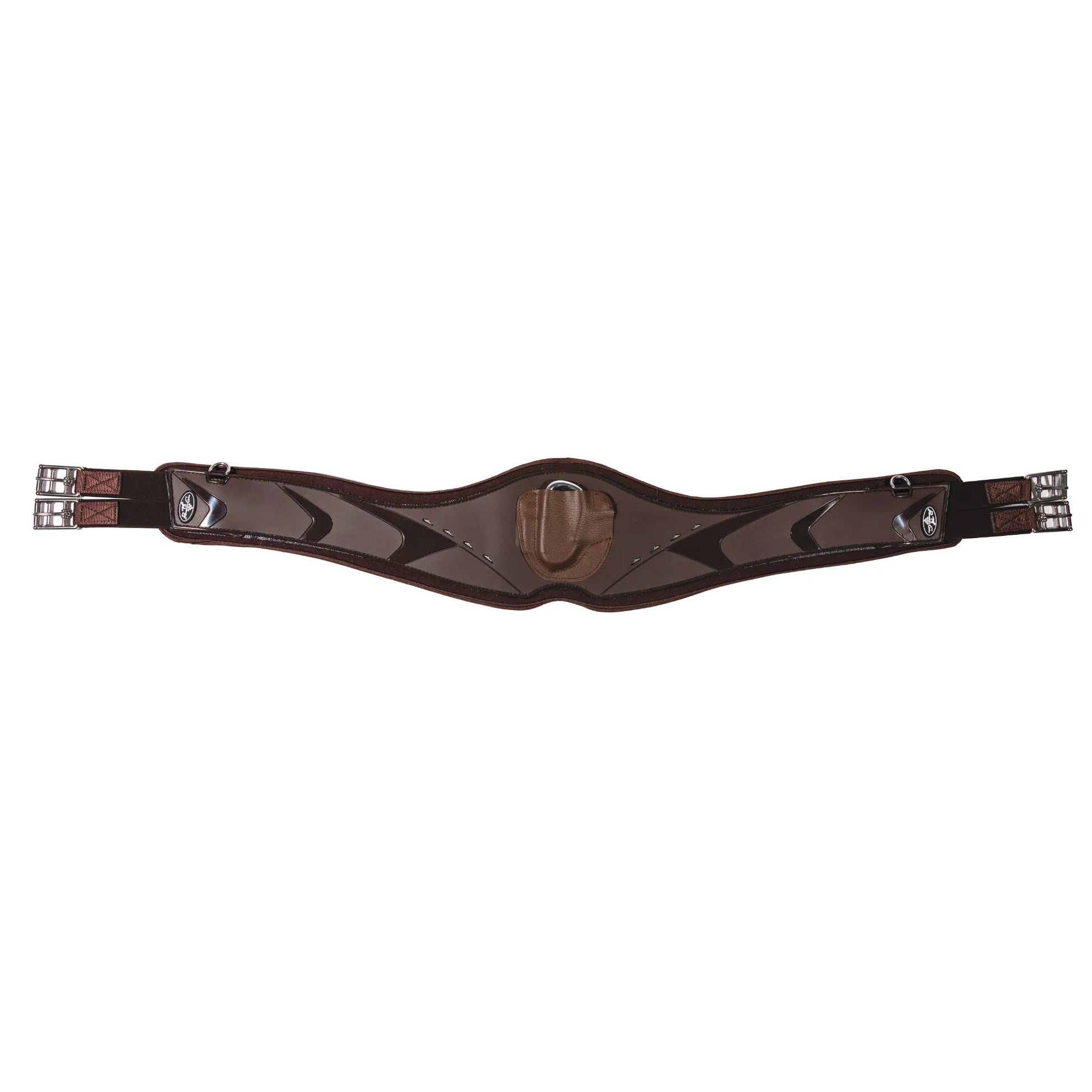 Professional's Choice Contoured VenTECH Neoprene Jump Girth in brown. This high-performance anatomical horse jumping girth features a non-slip, breathable VenTECH lining, stainless steel roller buckles, and a center D-ring with a leather keeper for attachments. The contoured shape provides maximum freedom of movement and comfort for your horse. Ideal for hunter/jumper disciplines and high-quality English riding tack.