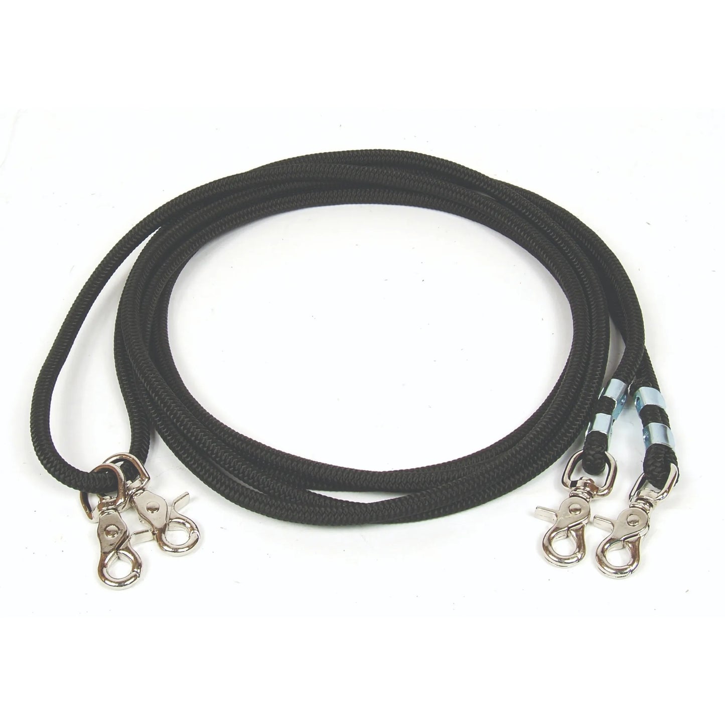 Professional's Choice Cord Rope Draw Reins in black, featuring a durable round braided cord design with four silver-finish swivel snap clips for easy attachment. These essential horse training reins are designed to help refine horse head carriage and responsiveness. High-quality equestrian gear for western or English disciplines, these coiled draw reins offer a professional touch to your horse tack collection and training routine.