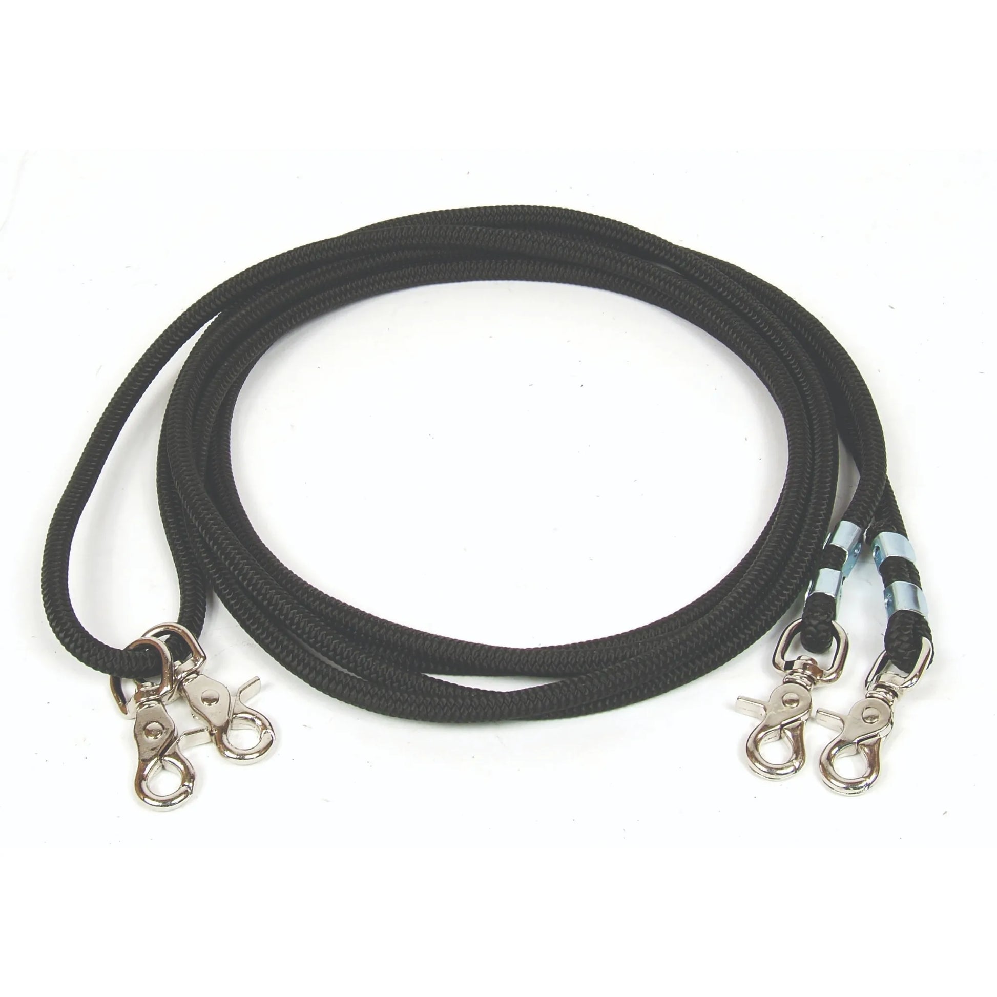Professional's Choice Cord Rope Draw Reins in black, featuring a durable round braided cord design with four silver-finish swivel snap clips for easy attachment. These essential horse training reins are designed to help refine horse head carriage and responsiveness. High-quality equestrian gear for western or English disciplines, these coiled draw reins offer a professional touch to your horse tack collection and training routine.