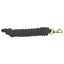 Professional's Choice 10ft Black Cotton Lead Rope featuring a soft, thick braided texture for a comfortable grip. This durable equestrian essential includes a heavy-duty gold-tone brass trigger snap for secure attachment and a knotted end. Perfect for horse handling, training, and daily barn use, this high-quality lead rope offers reliability and style for horse owners.