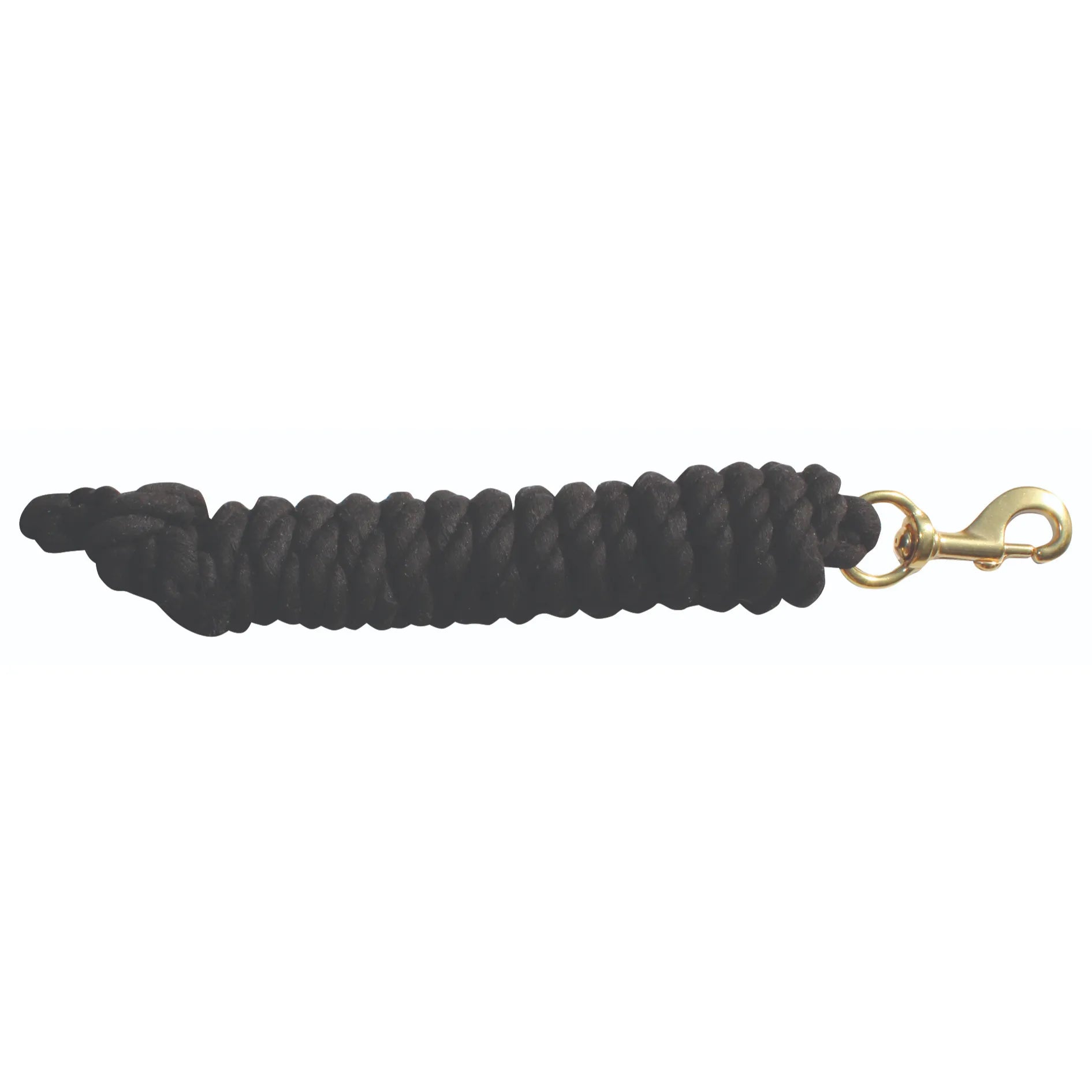 Professional's Choice 10ft Black Cotton Lead Rope featuring a soft, thick braided texture for a comfortable grip. This durable equestrian essential includes a heavy-duty gold-tone brass trigger snap for secure attachment and a knotted end. Perfect for horse handling, training, and daily barn use, this high-quality lead rope offers reliability and style for horse owners.