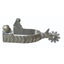 Professional's Choice Cowgirl Spurs in polished silver featuring a wide heel band with elegant chevron engraving and ornate silver buttons. This high-quality Western riding gear includes a short shank with a decorative multi-point rowel, combining professional performance with classic equestrian style. Ideal for cowgirls seeking durable, stylish horse riding equipment for the arena or trail.