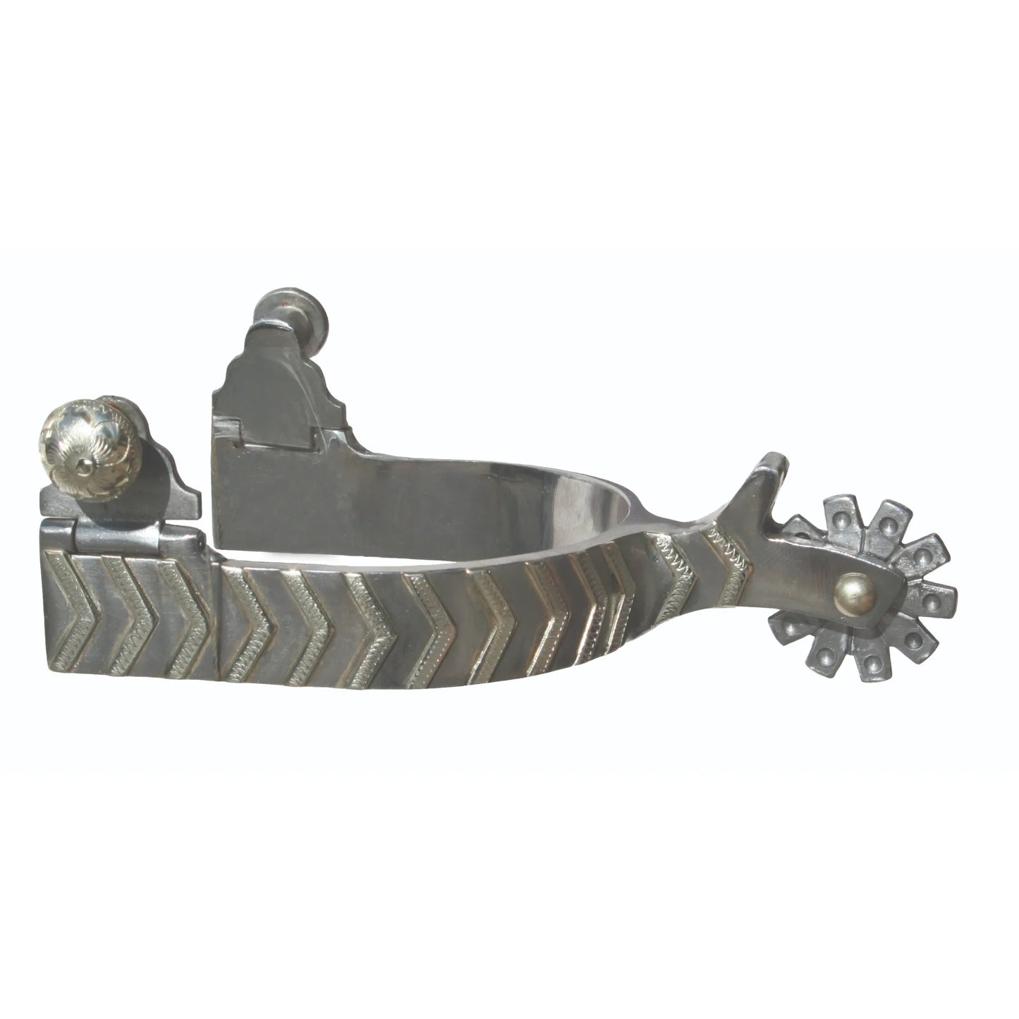 Professional's Choice Cowgirl Spurs in polished silver featuring a wide heel band with elegant chevron engraving and ornate silver buttons. This high-quality Western riding gear includes a short shank with a decorative multi-point rowel, combining professional performance with classic equestrian style. Ideal for cowgirls seeking durable, stylish horse riding equipment for the arena or trail.