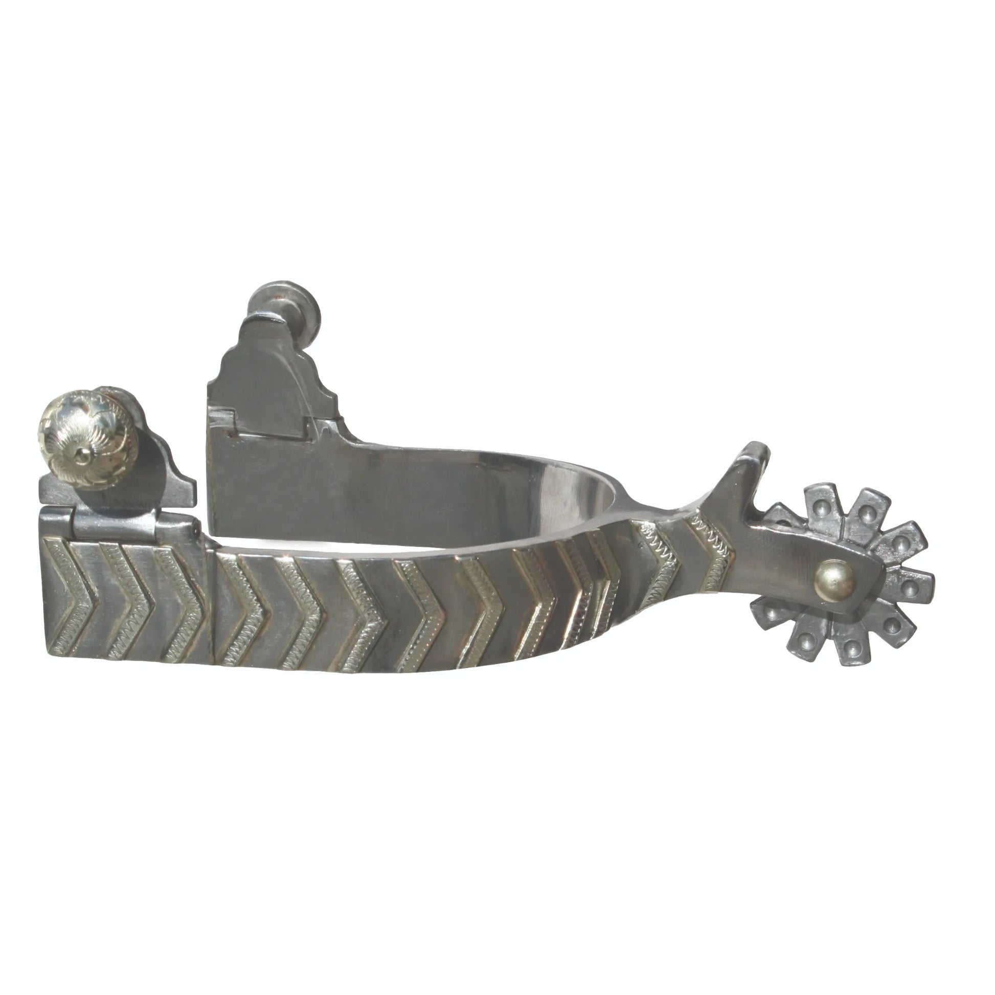 Professional's Choice Cowgirl Spurs in polished silver featuring a wide heel band with elegant chevron engraving and ornate silver buttons. This high-quality Western riding gear includes a short shank with a decorative multi-point rowel, combining professional performance with classic equestrian style. Ideal for cowgirls seeking durable, stylish horse riding equipment for the arena or trail.