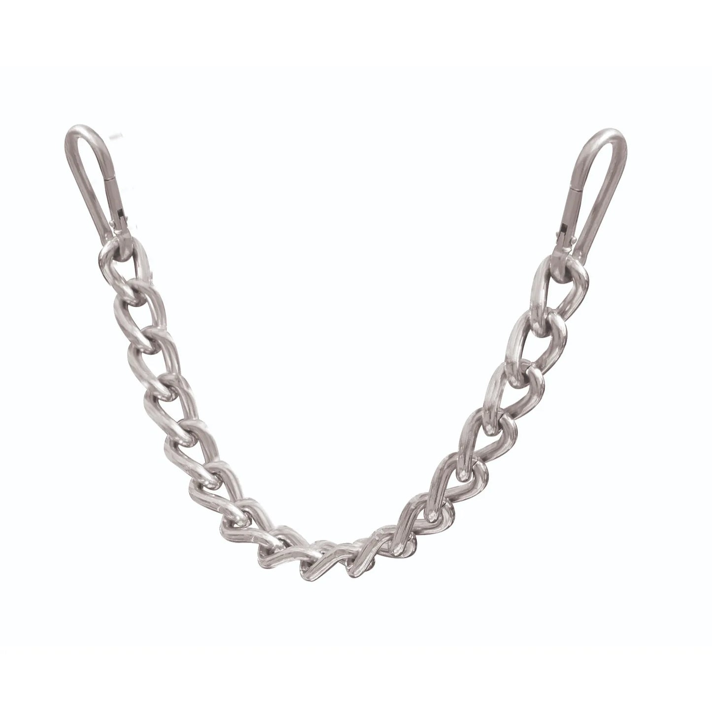 Professional's Choice Curb Chain with Clips for horses, featuring a high-quality silver metal twisted link design for effective bit control. Includes durable spring snap clips on both ends for quick and secure attachment to horse bits. A premium equestrian tack accessory ideal for western and English riders seeking precise communication and leverage.