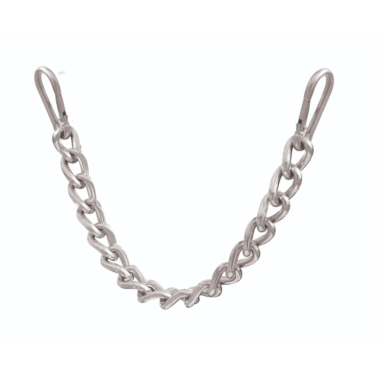 Professional's Choice Curb Chain with Clips for horses, featuring a high-quality silver metal twisted link design for effective bit control. Includes durable spring snap clips on both ends for quick and secure attachment to horse bits. A premium equestrian tack accessory ideal for western and English riders seeking precise communication and leverage.