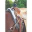 Professional's Choice black dally horn wrap secured on a western saddle horn. This durable rubber horn wrap provides extra grip for team roping and ranch work, protecting your leather saddle while securing your rope. A must-have equestrian accessory for rodeo athletes and cowboy gear collectors. Shown on a chestnut horse with a high-quality felt saddle pad.