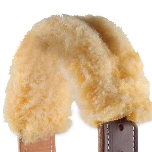 Professional's Choice DARE Cribbing Collar Fleece Cover in a natural cream color. This plush, synthetic sheepskin padding provides extra comfort and protection against rubbing and chafing for horses wearing a cribbing collar. The thick, soft fleece wrap easily attaches to leather straps, offering cushioning for equine gear. Essential horse care accessory for enhancing comfort during anti-cribbing treatment.