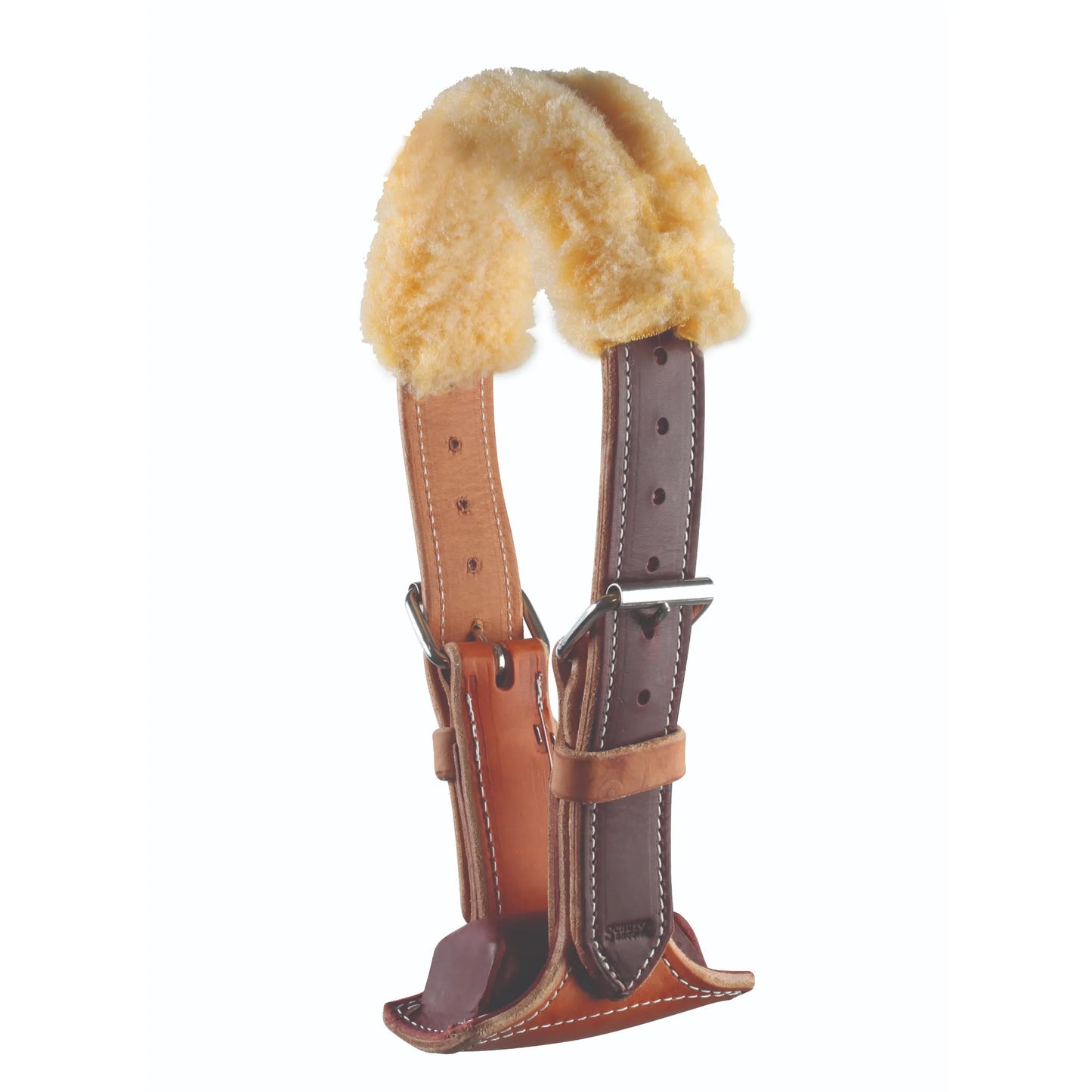 Professional's Choice Dare Cribbing Collar for horses, crafted from premium two-tone brown leather with a reversible design. This high-quality equestrian accessory features plush cream-colored sheepskin padding at the poll for maximum comfort and durability. Designed with sturdy stainless steel buckles and a contoured fit to humanely stop cribbing and wind-sucking behaviors. A durable and effective solution for horse health and stable management.