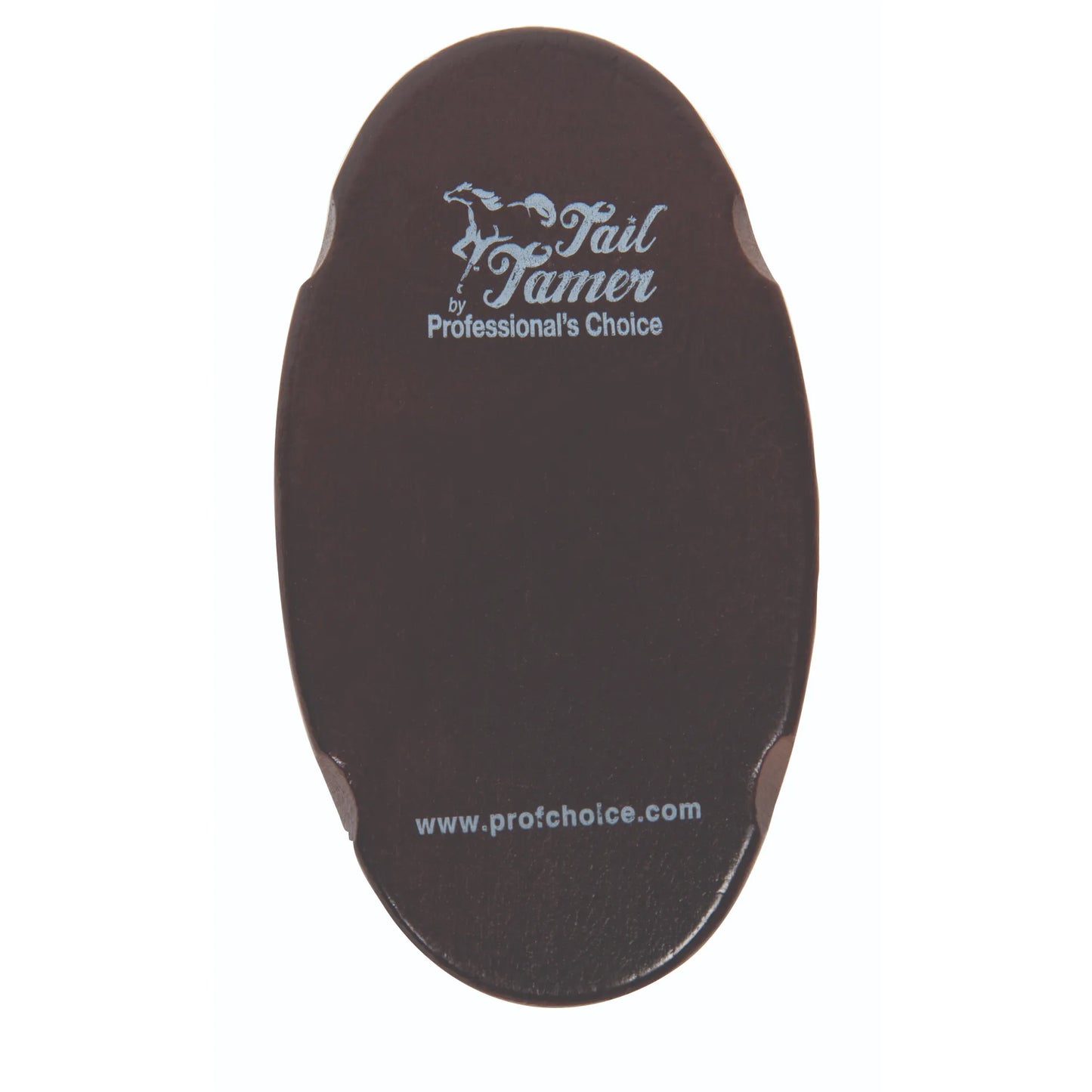 Professional's Choice Dark Wood Soft Goat Hair Brush featuring an oval dark wood back with the Tail Tamer logo. This premium equestrian grooming tool provides a gentle, high-shine finish for horses. The ergonomic base includes side notches for an adjustable leather handle, making it perfect for daily grooming or show prep. A high-quality wood horse brush that combines style and function for professional horse care.