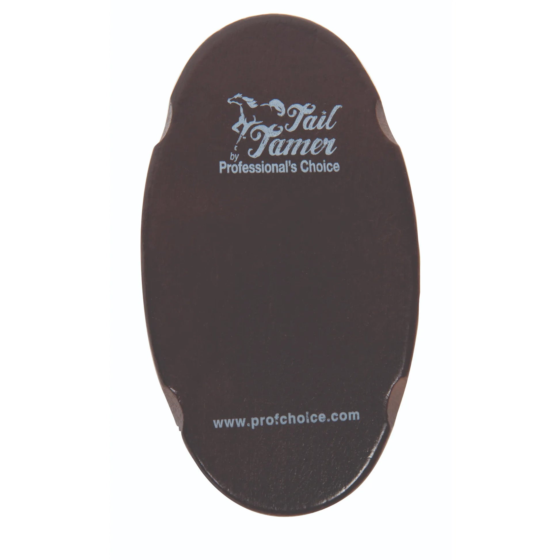 Professional's Choice Dark Wood Soft Goat Hair Brush featuring an oval dark wood back with the Tail Tamer logo. This premium equestrian grooming tool provides a gentle, high-shine finish for horses. The ergonomic base includes side notches for an adjustable leather handle, making it perfect for daily grooming or show prep. A high-quality wood horse brush that combines style and function for professional horse care.
