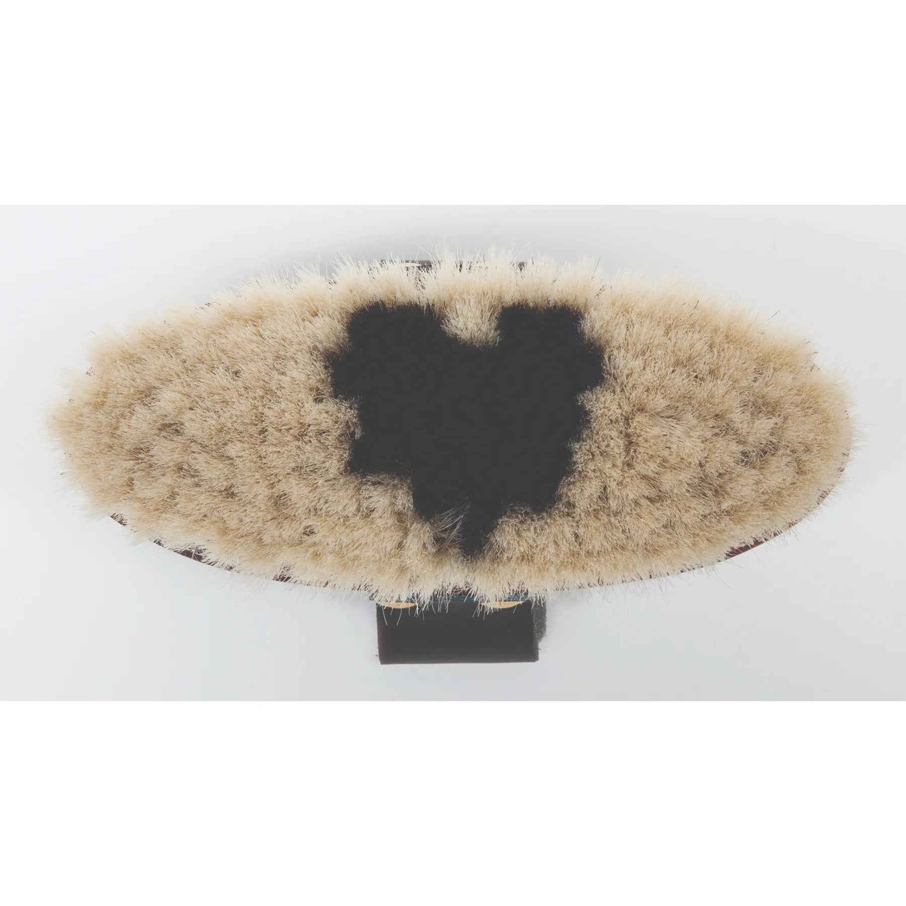 Professional's Choice Dark Wood Soft Goat Hair Brush with an adjustable black leather handle. This top-down view highlights the dense, bicolor bristles—a dark center surrounded by soft, light beige goat hair. Perfect for gentle horse grooming, sensitive areas, and achieving a professional show-ring shine. A durable and high-quality essential for any equestrian grooming kit.