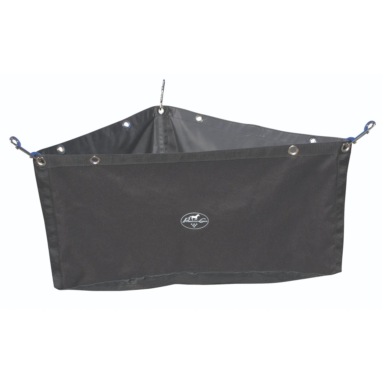 Professional's Choice Deep Corner Feeder in black, an ultra-tough and durable solution for horse trailer or stall feeding. This heavy-duty triangular fabric feeder features reinforced silver grommets and sturdy blue snap clips for easy hanging. Designed to minimize waste and maximize space, it’s a premium equestrian accessory perfect for travel or stable use.